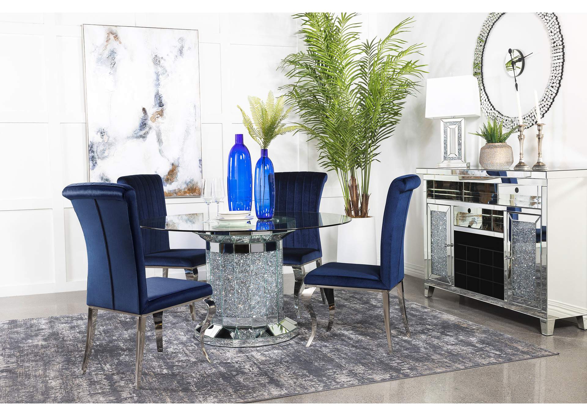 Ellie 5-piece Cylinder Pedestal Dining Room Set Mirror and Ink Blue,Coaster Furniture