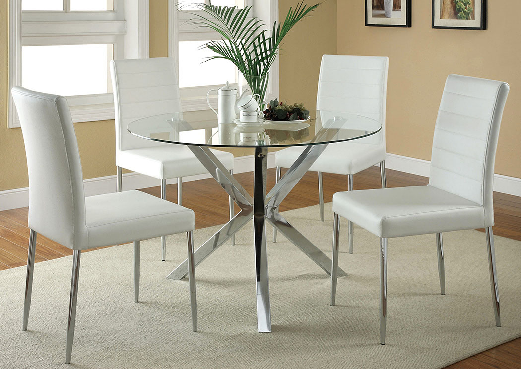 glass round table with white chairs