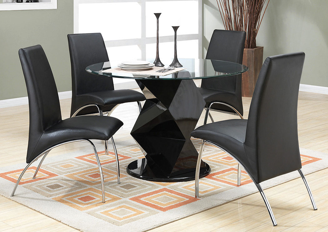 Black Gloss Round Dining Table w/ 4 Black Chairs,ABF Coaster Furniture