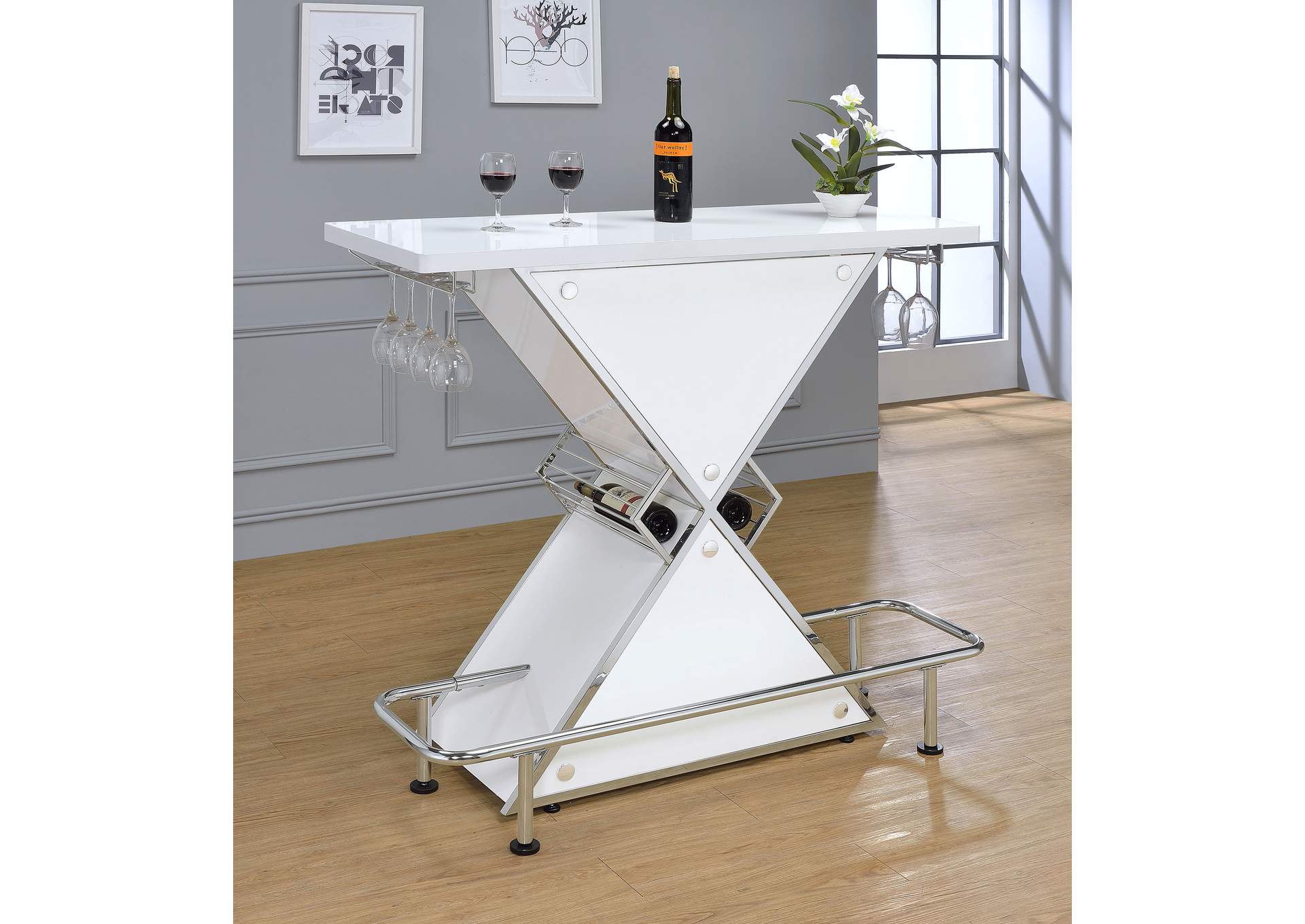 Atoka X-shaped Bar Unit with Wine Bottle Storage Glossy White