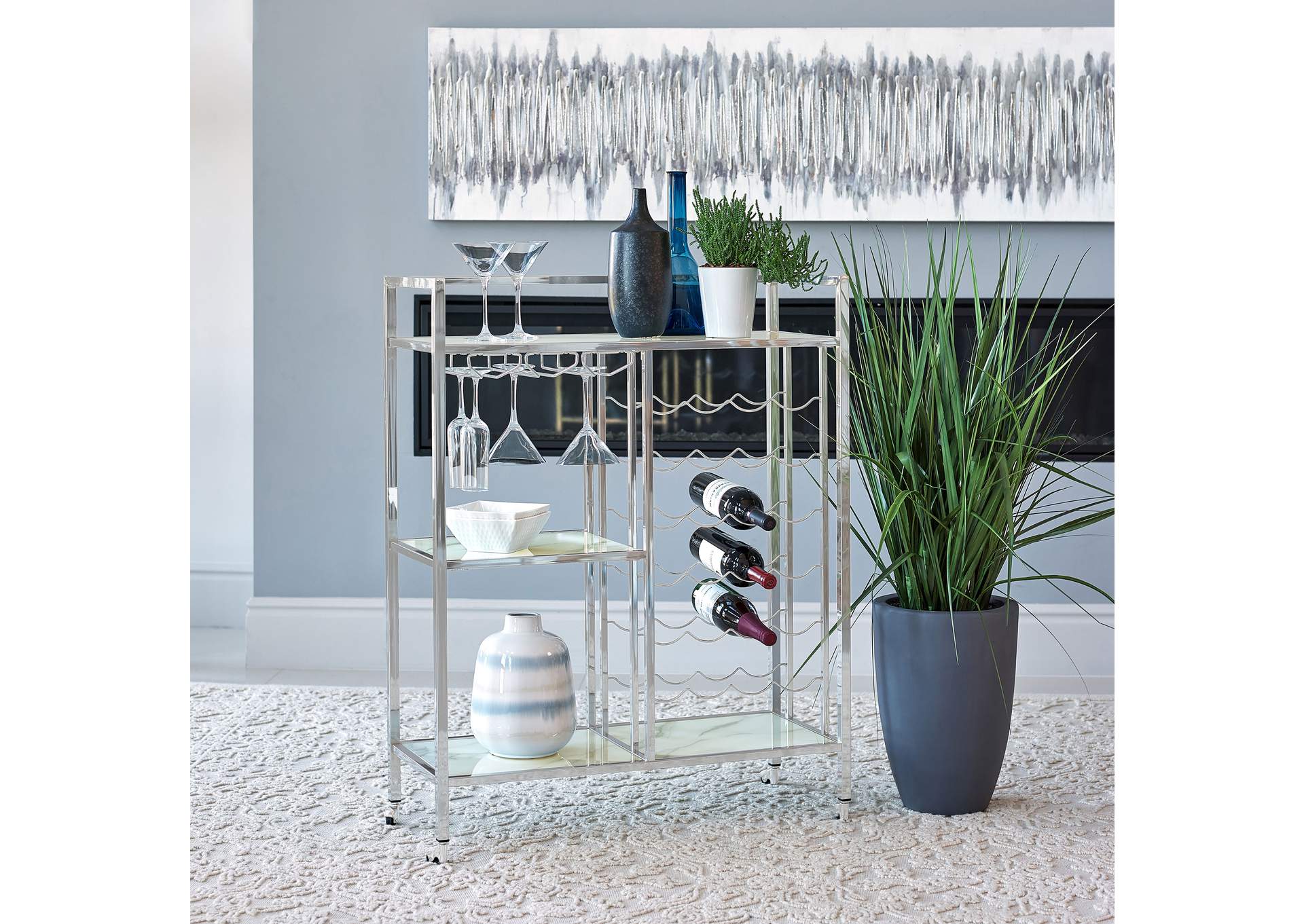 Derion Glass Shelf Serving Cart with Casters Chrome,Coaster Furniture