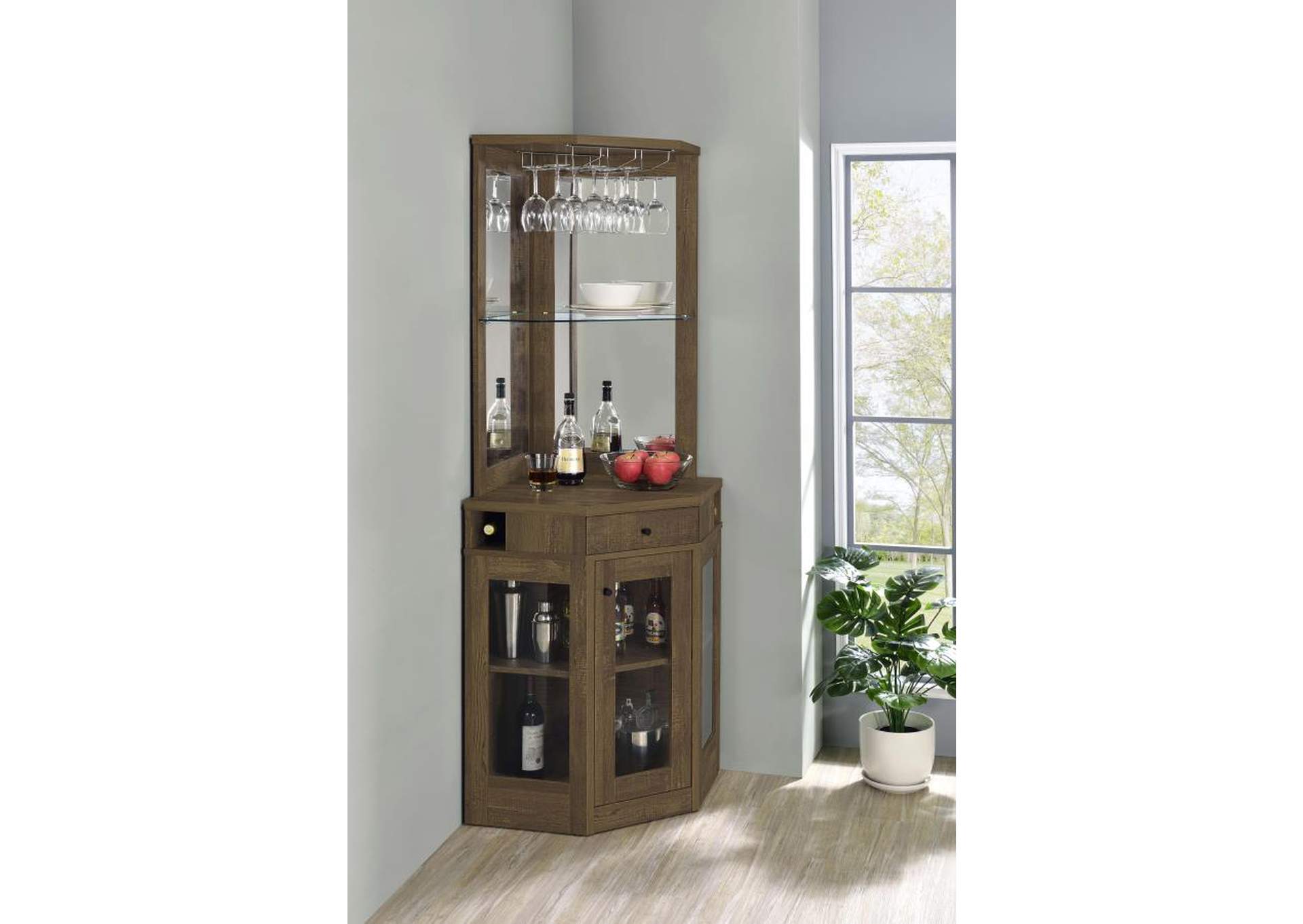 Alviso Corner Bar Cabinet With Stemware Rack Rustic Oak,Coaster Furniture