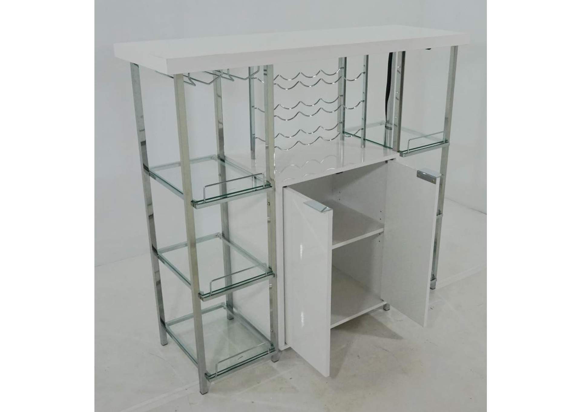 2-door Bar Cabinet with Glass Shelf High Glossy White and Chrome,Coaster Furniture
