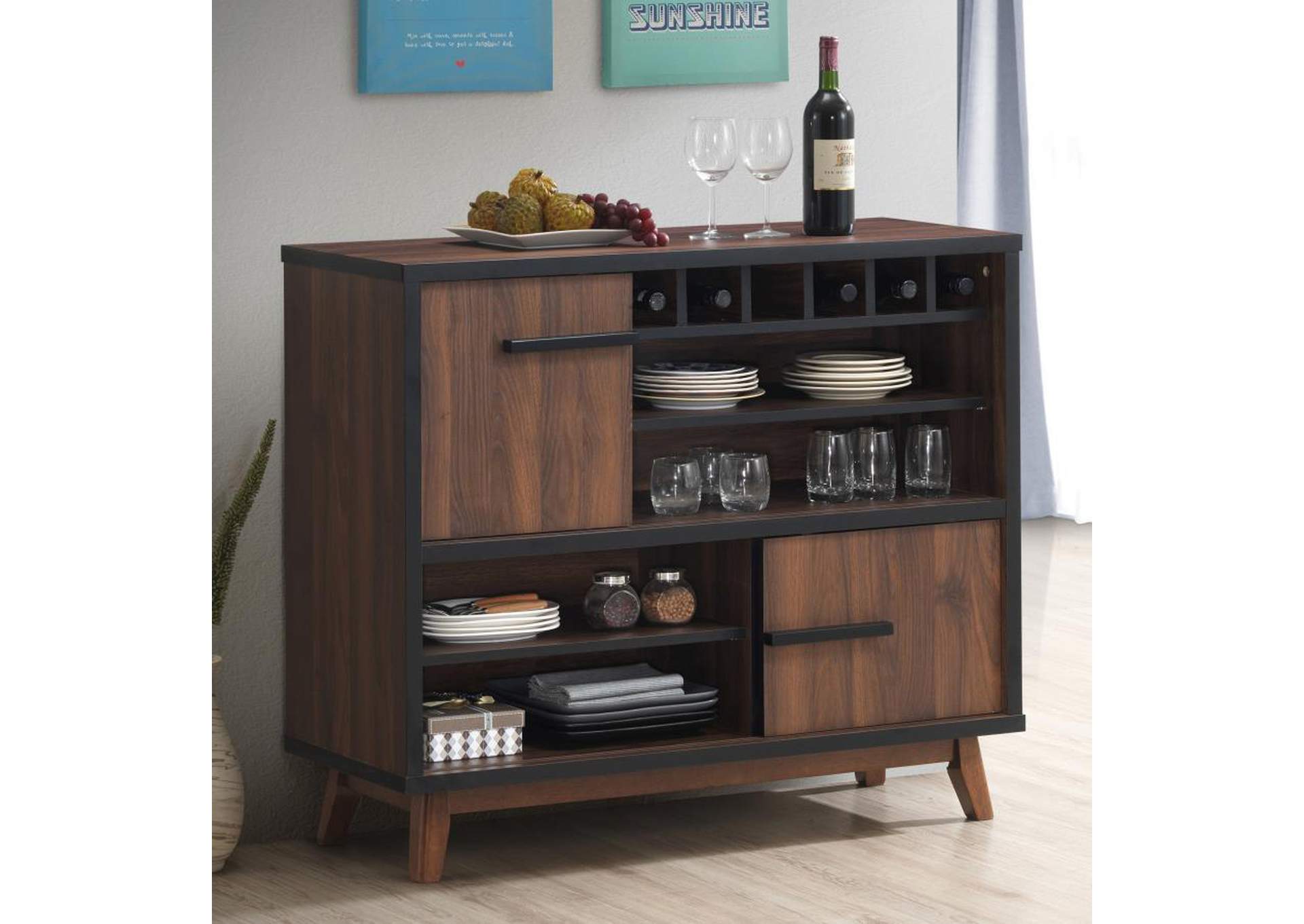 Ezekiel Wine Cabinet With 2 Sliding Doors Walnut And Black,Coaster Furniture