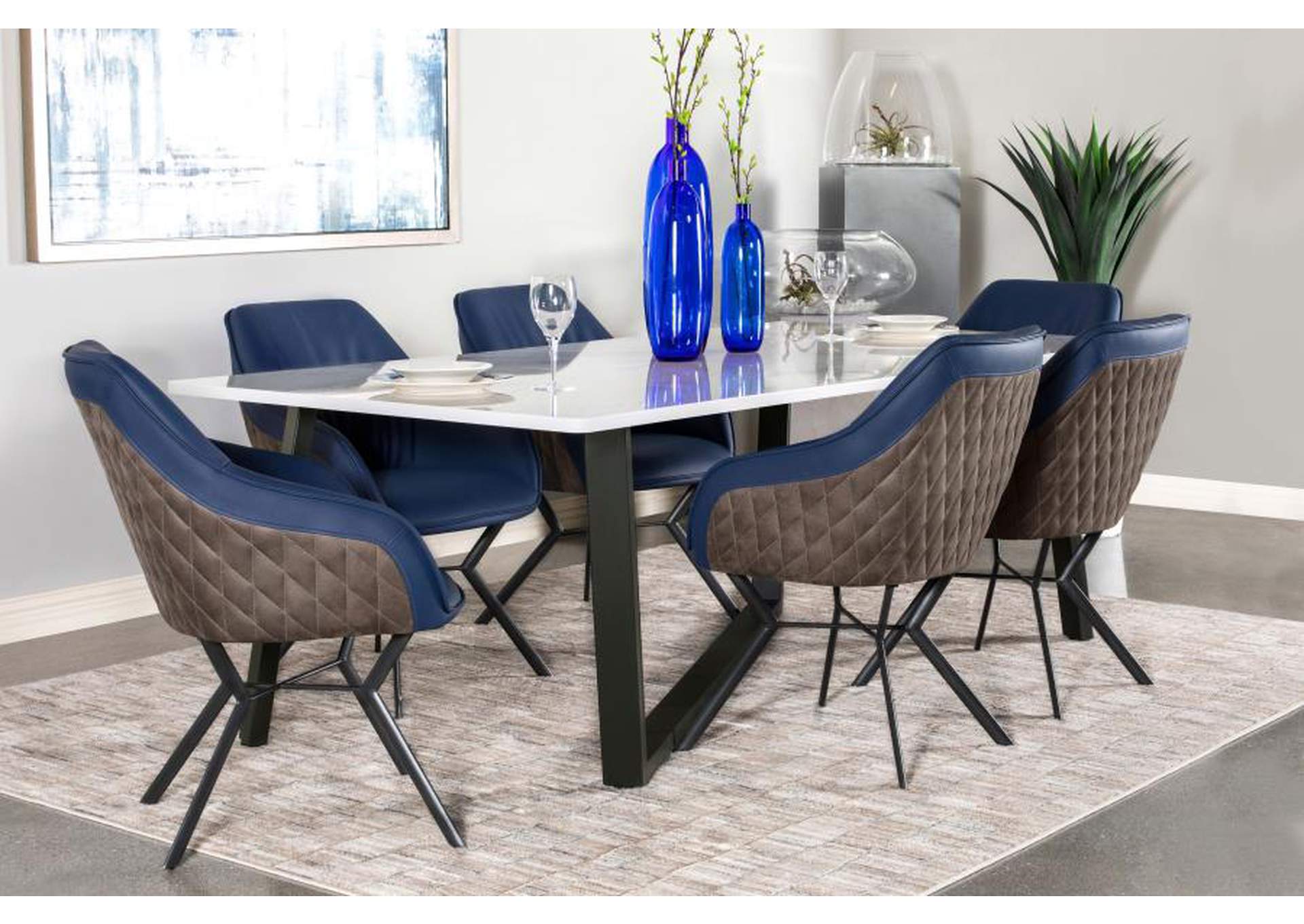 Mayer Rectangular Dining Table Faux White Marble and Gunmetal Brothers