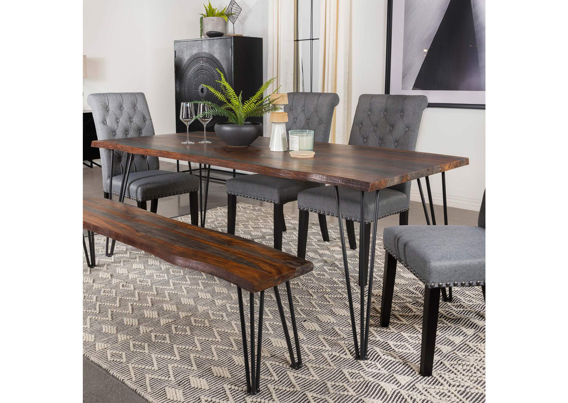 Neve Live-edge Dining Table with Hairpin Legs Sheesham Grey and Gunmetal,Coaster Furniture