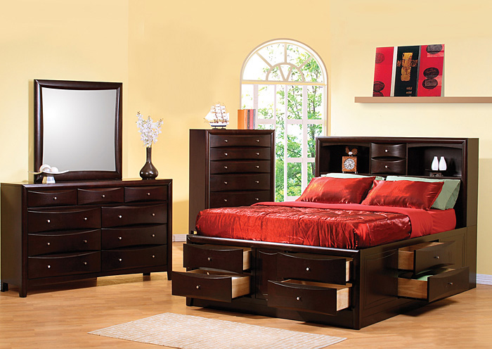 Phoenix Cappuccino Queen Storage Bed w/Dresser & Mirror,Coaster Furniture
