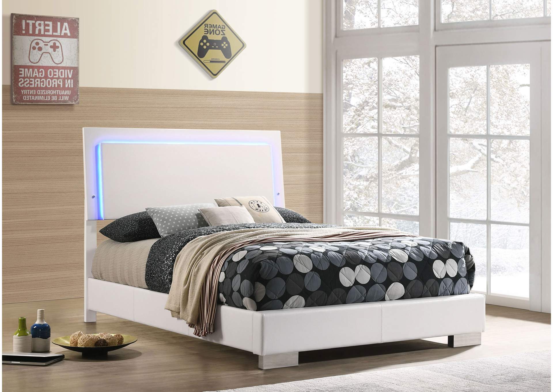Felicity Full Panel Bed with LED Lighting Glossy White