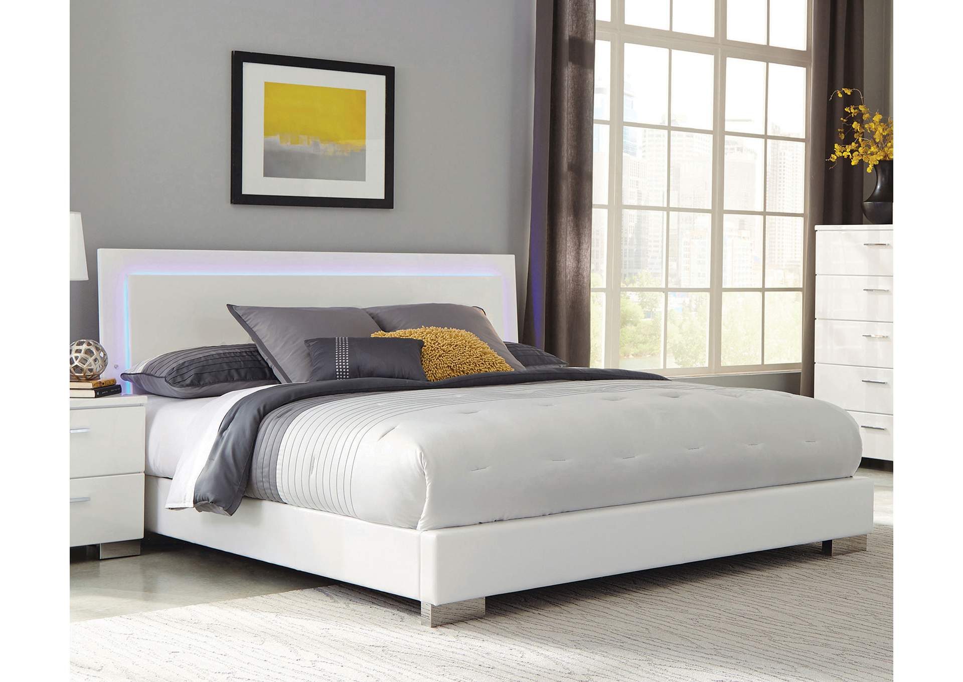 Felicity Eastern King Panel Bed with LED Lighting Glossy White,Coaster Furniture