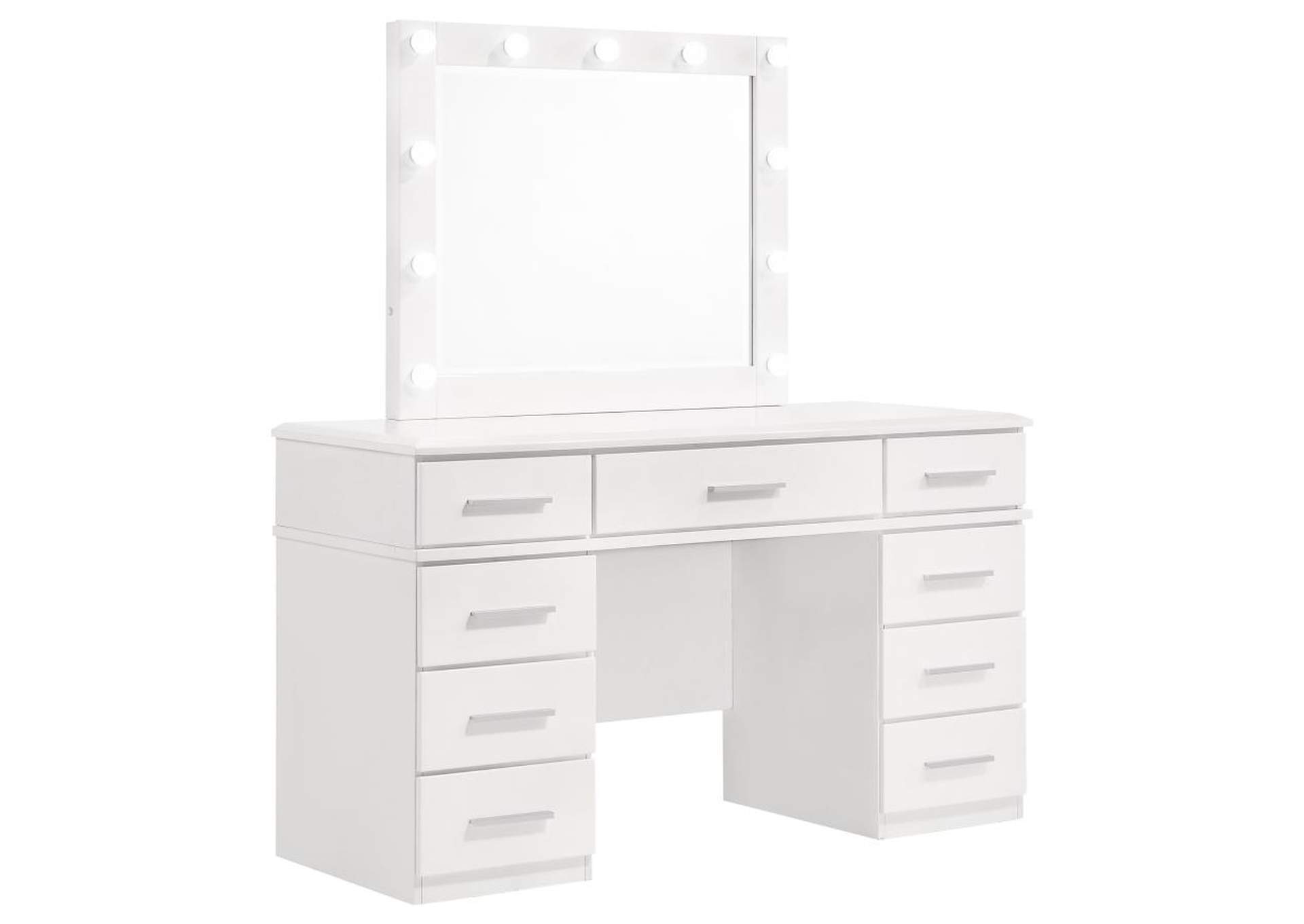 Felicity 9 - drawer Vanity Desk with Lighted Mirror Glossy White,Coaster Furniture