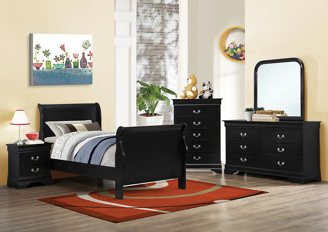 Louis Philippe Black Twin Bed, Dresser, Mirror & Nightstand,ABF Coaster Furniture