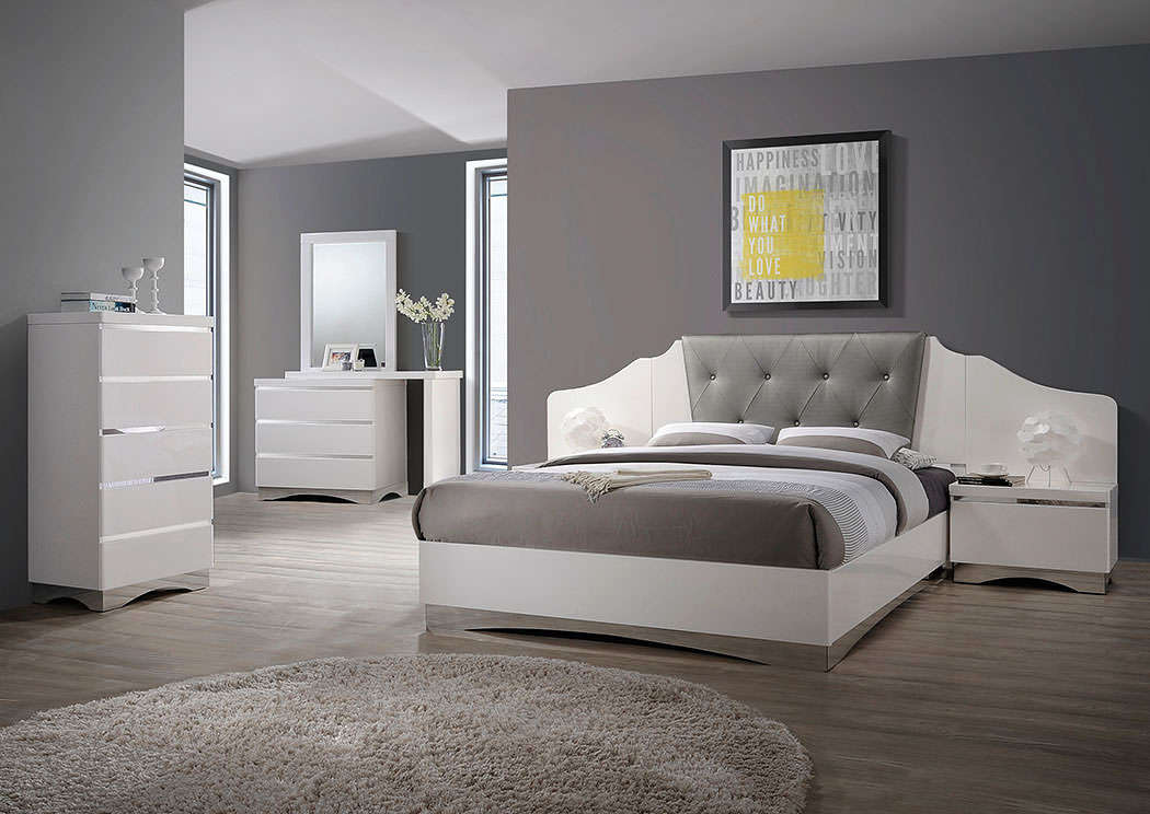 Alessandro Glossy White Eastern King Bed w/Dresser, Mirror, Drawer Chest and Nightstand,ABF Coaster Furniture