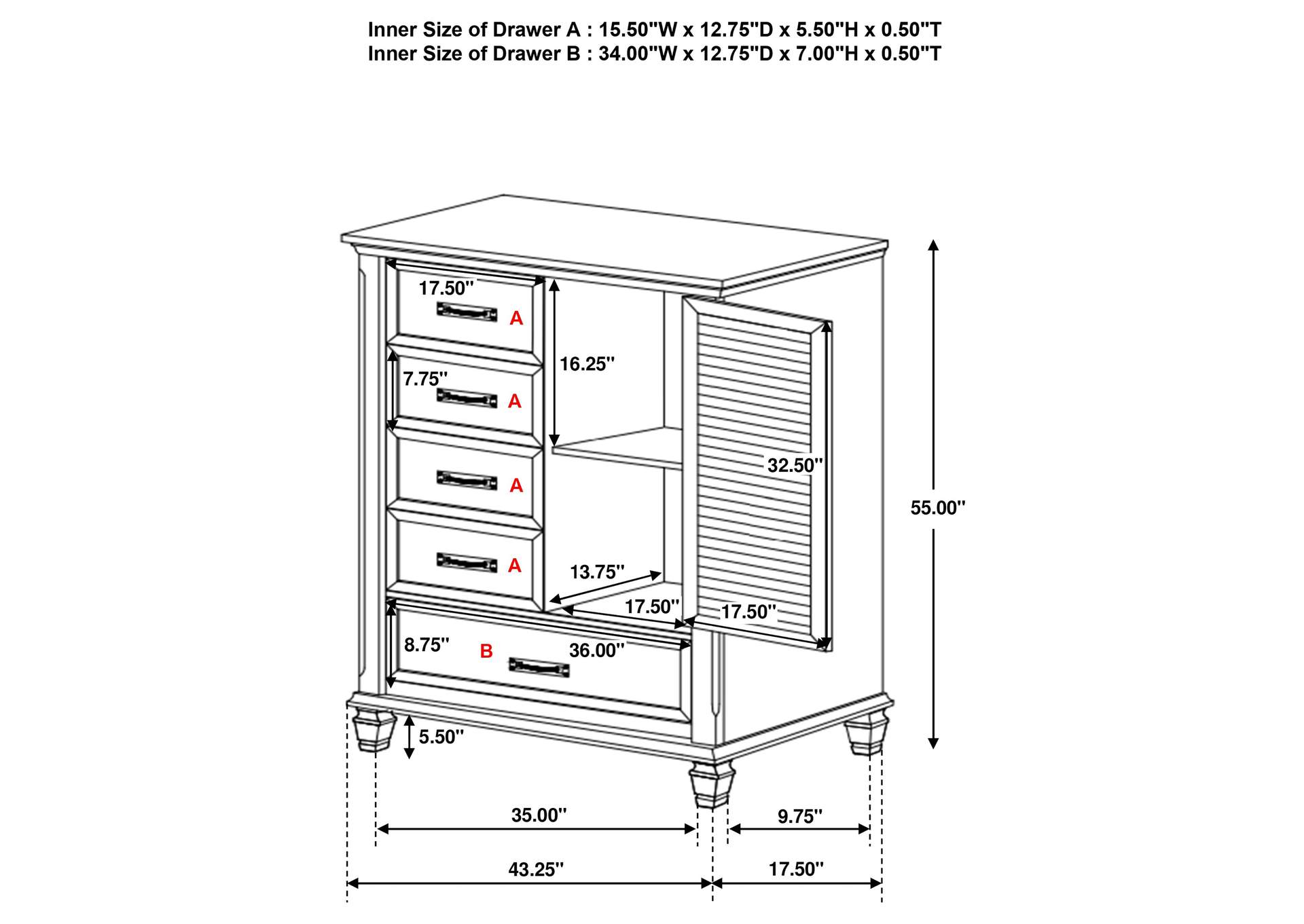 Franco 5-drawer Door Chest Antique White,Coaster Furniture