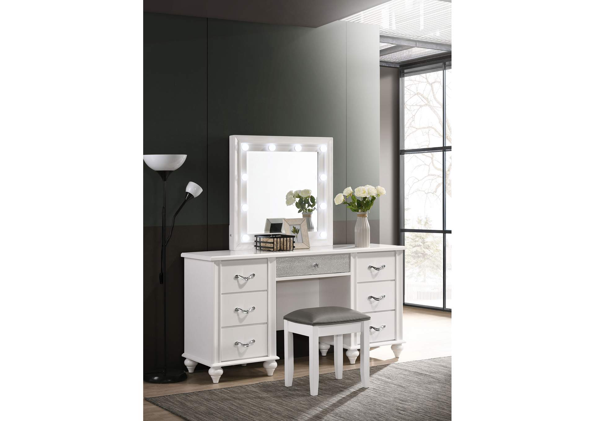 Barzini Upholstered Vanity Stool Metallic and White,Coaster Furniture