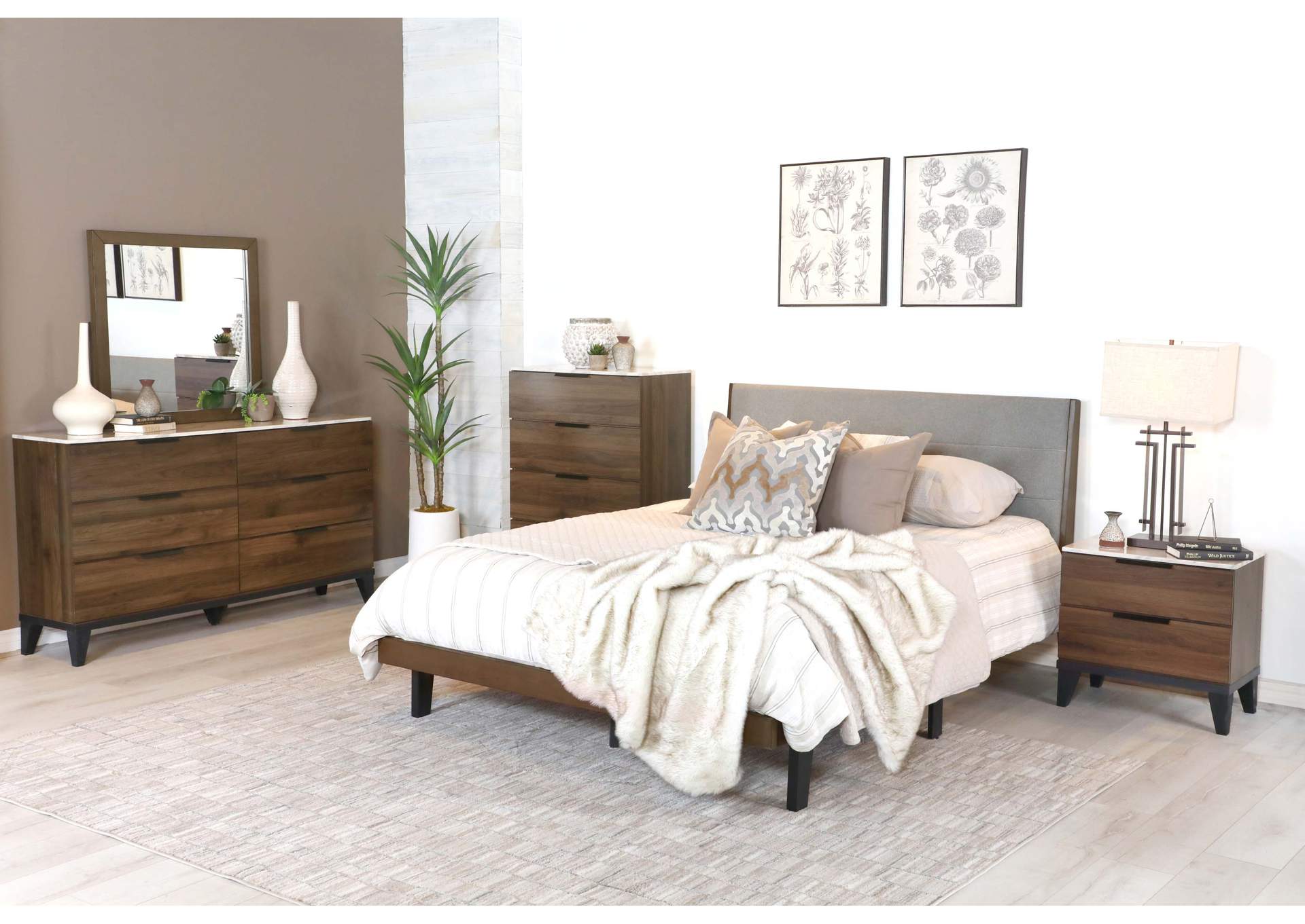 Mays Upholstered Eastern King Platform Bed Walnut Brown and Grey,Coaster Furniture