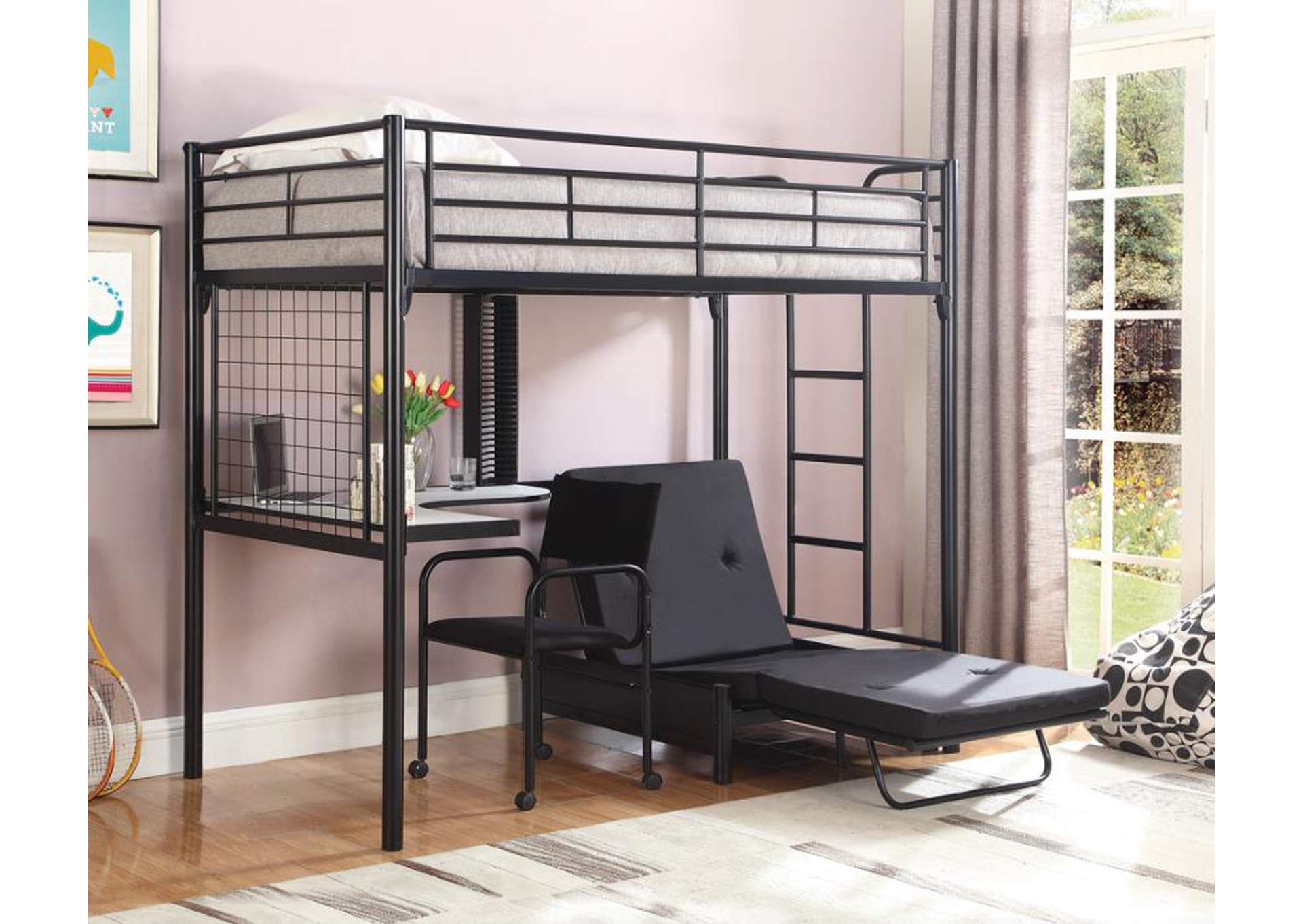 Jenner Twin Futon Workstation Loft Bed Black,Coaster Furniture