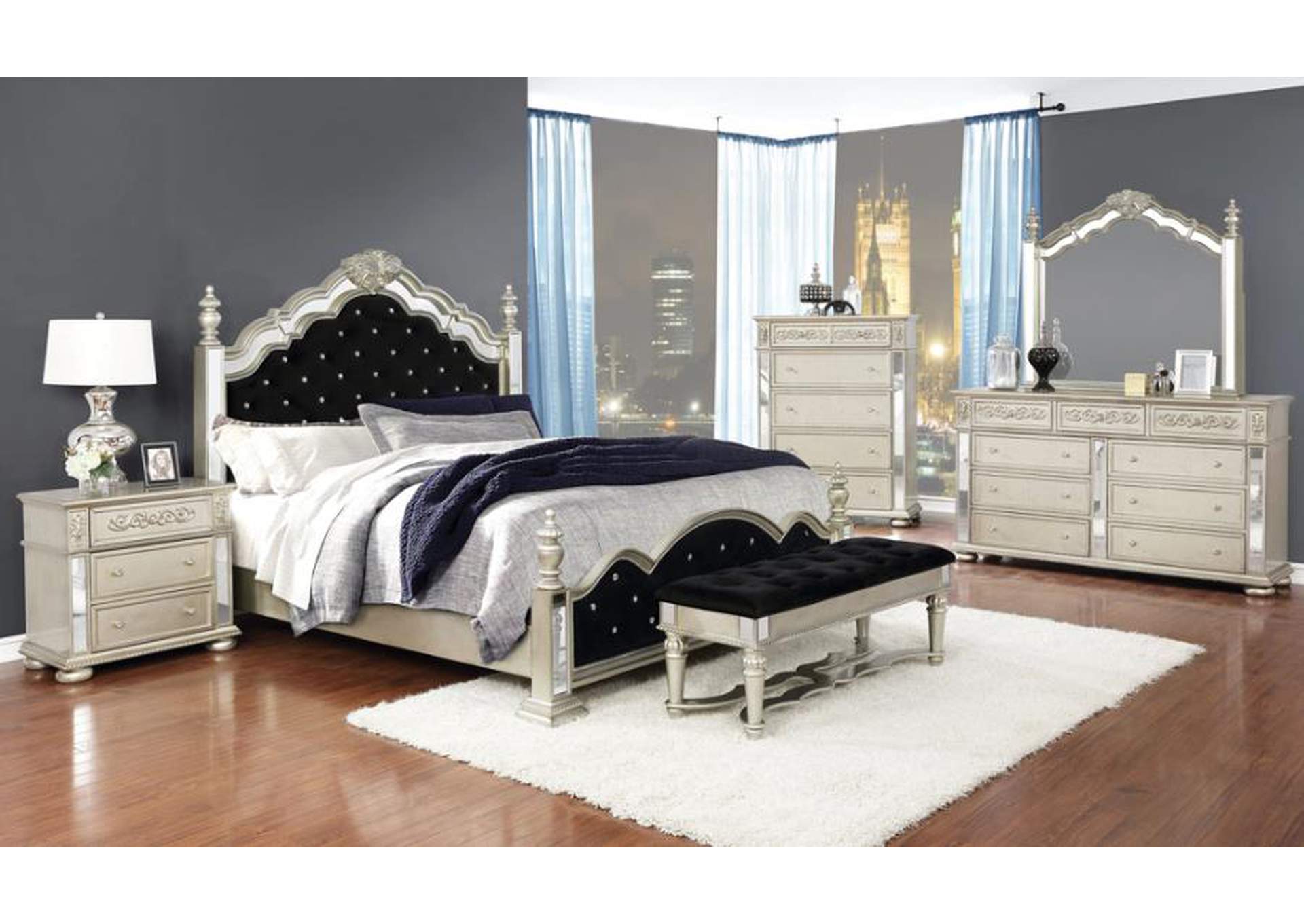 heidi 5-piece eastern king tufted upholstered bedroom set metallic