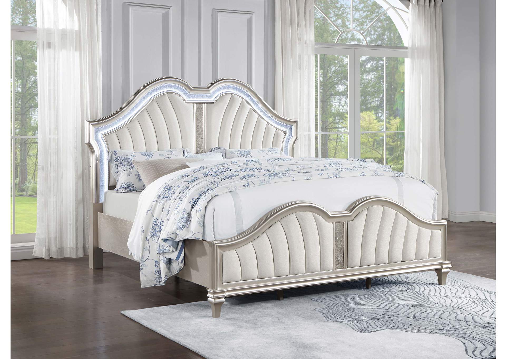 Evangeline Tufted Upholstered Platform Eastern King Bed Ivory and Silver Oak,Coaster Furniture