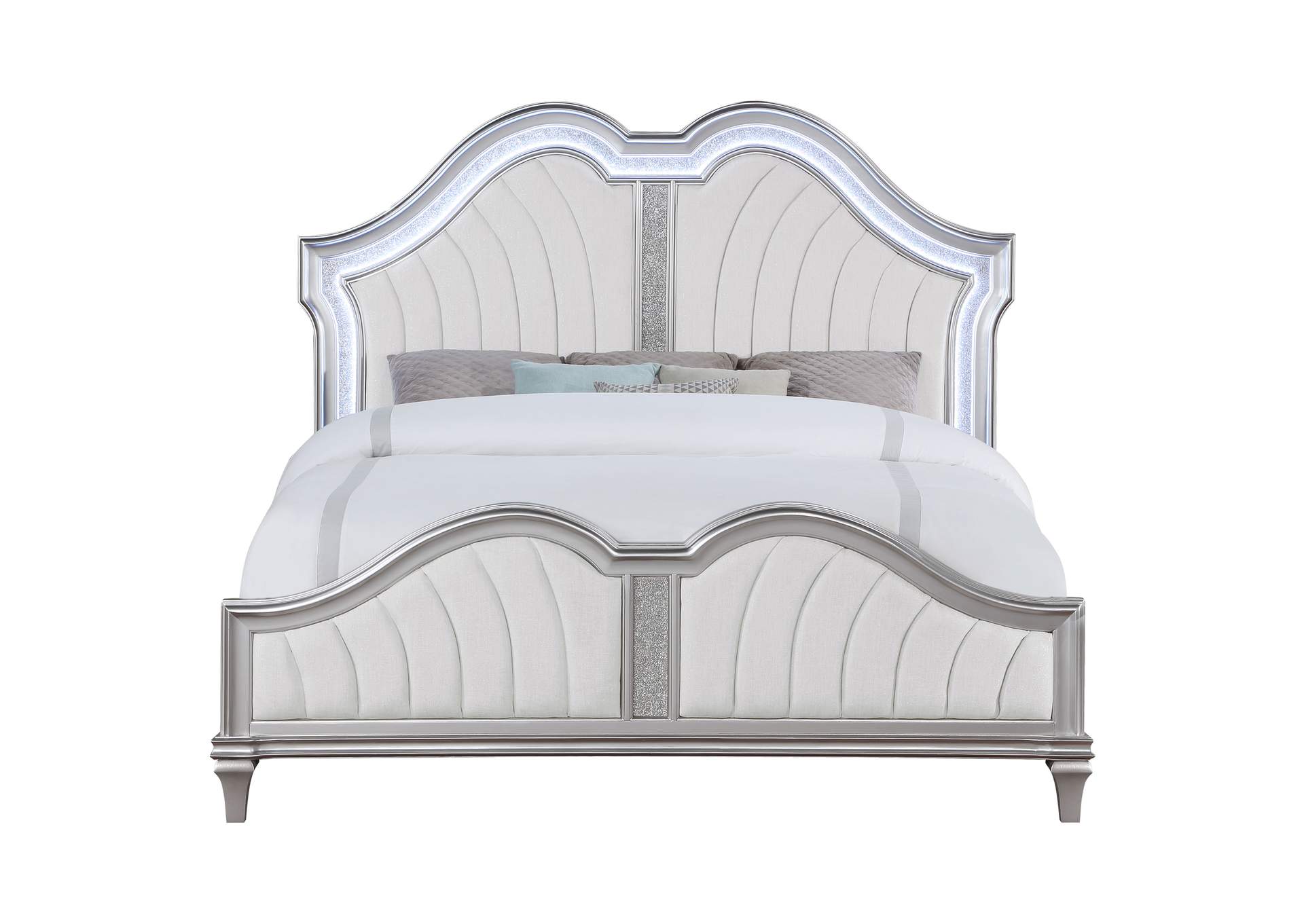 Evangeline Tufted Upholstered Platform Eastern King Bed Ivory and Silver Oak,Coaster Furniture