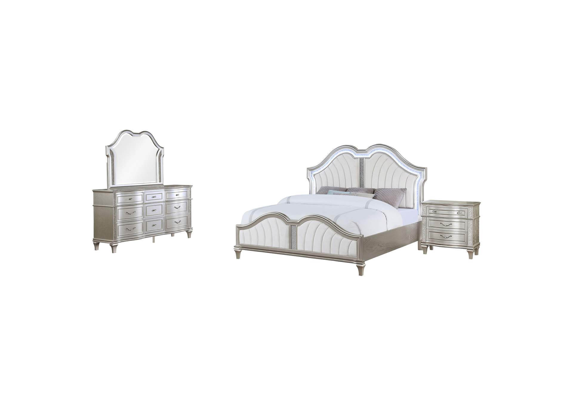 Evangeline 4-piece Upholstered Platform California King Bedroom Set Ivory and Silver Oak,Coaster Furniture