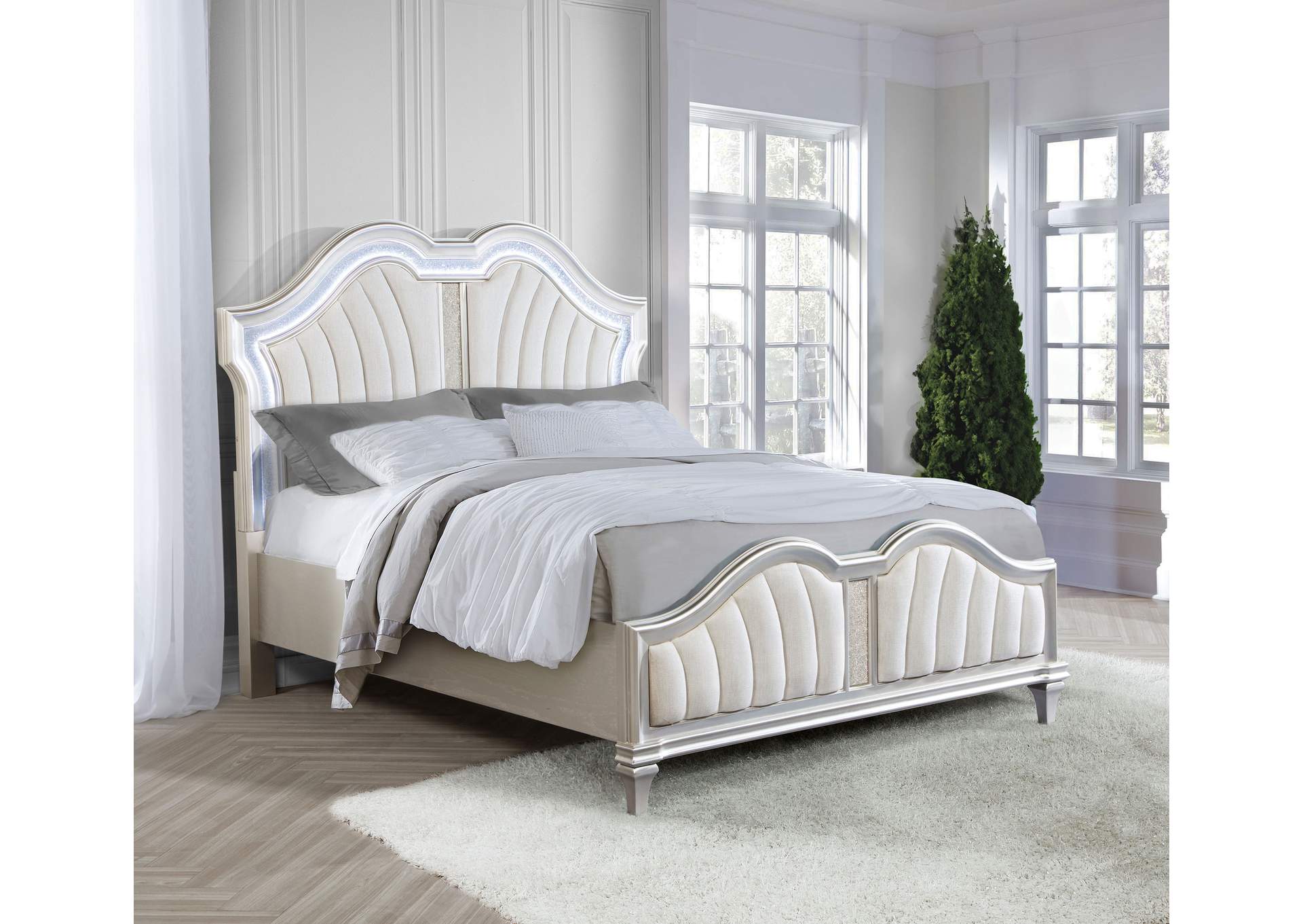 Evangeline Tufted Upholstered Platform Queen Bed Ivory and Silver Oak,Coaster Furniture