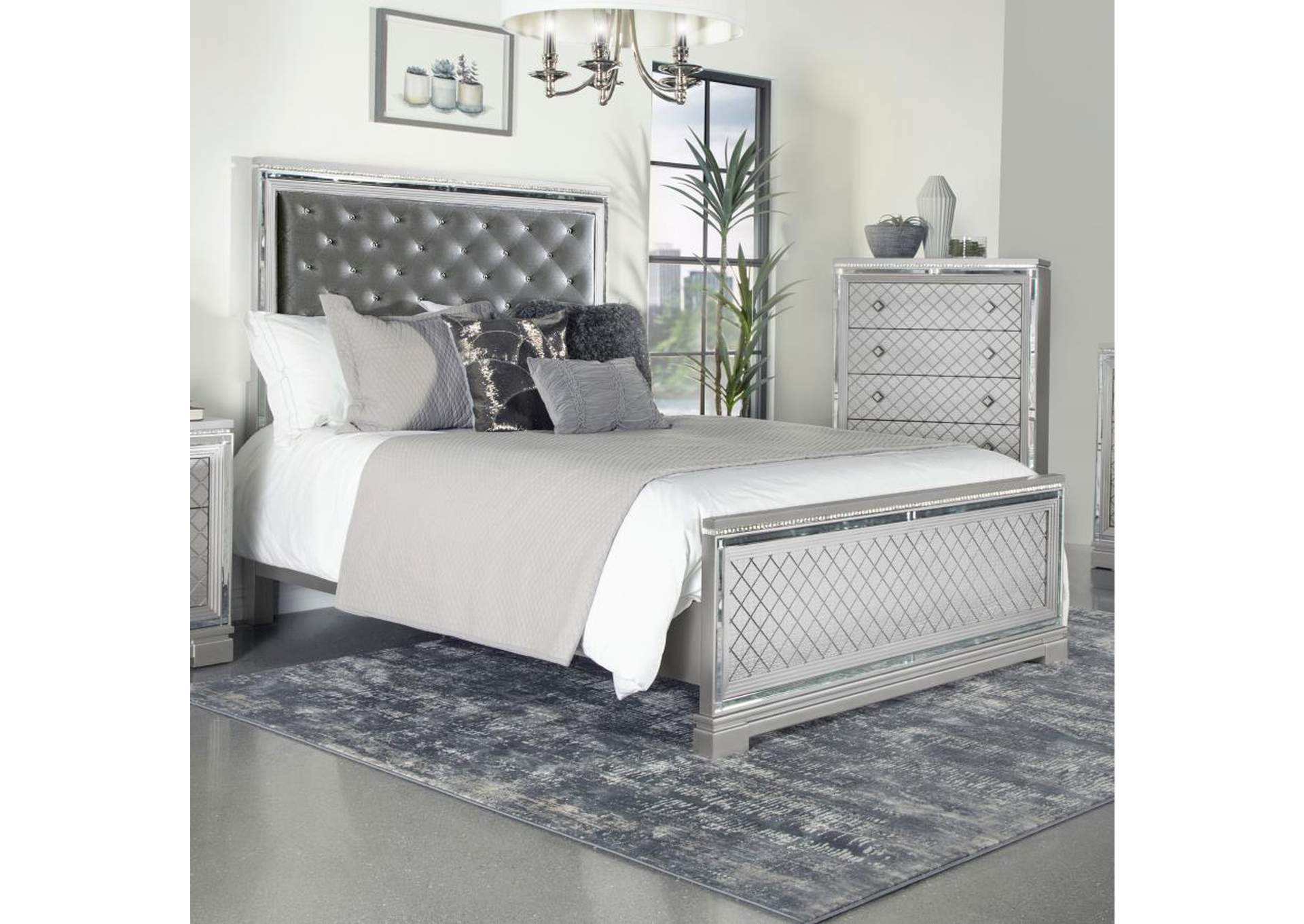 Upholstered bed with store mirror trim