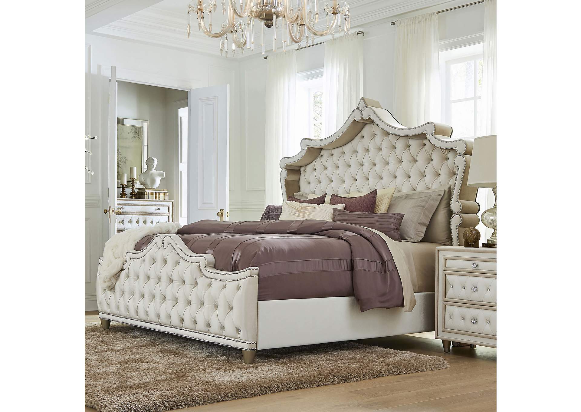Antonella Upholstered Tufted California King Bed Ivory and Camel,Coaster Furniture