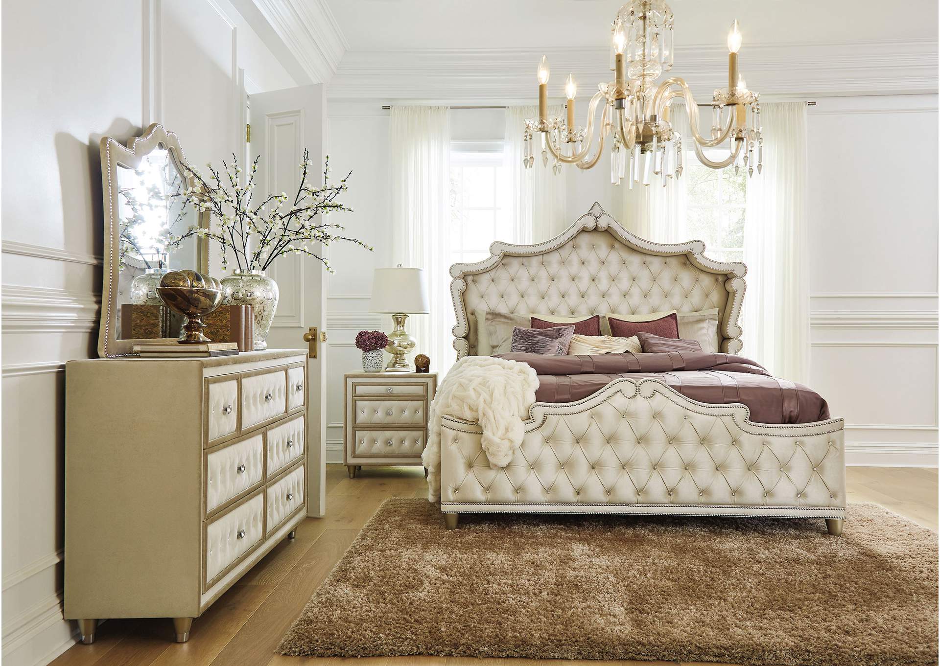 Antonella Upholstered Tufted Bedroom Set Ivory and Camel,Coaster Furniture
