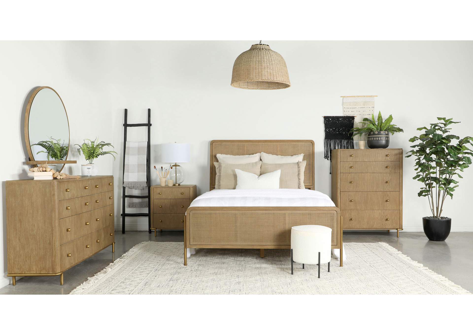 Arini Upholstered Queen Panel Bed Sand Wash and Natural Cane,Coaster Furniture