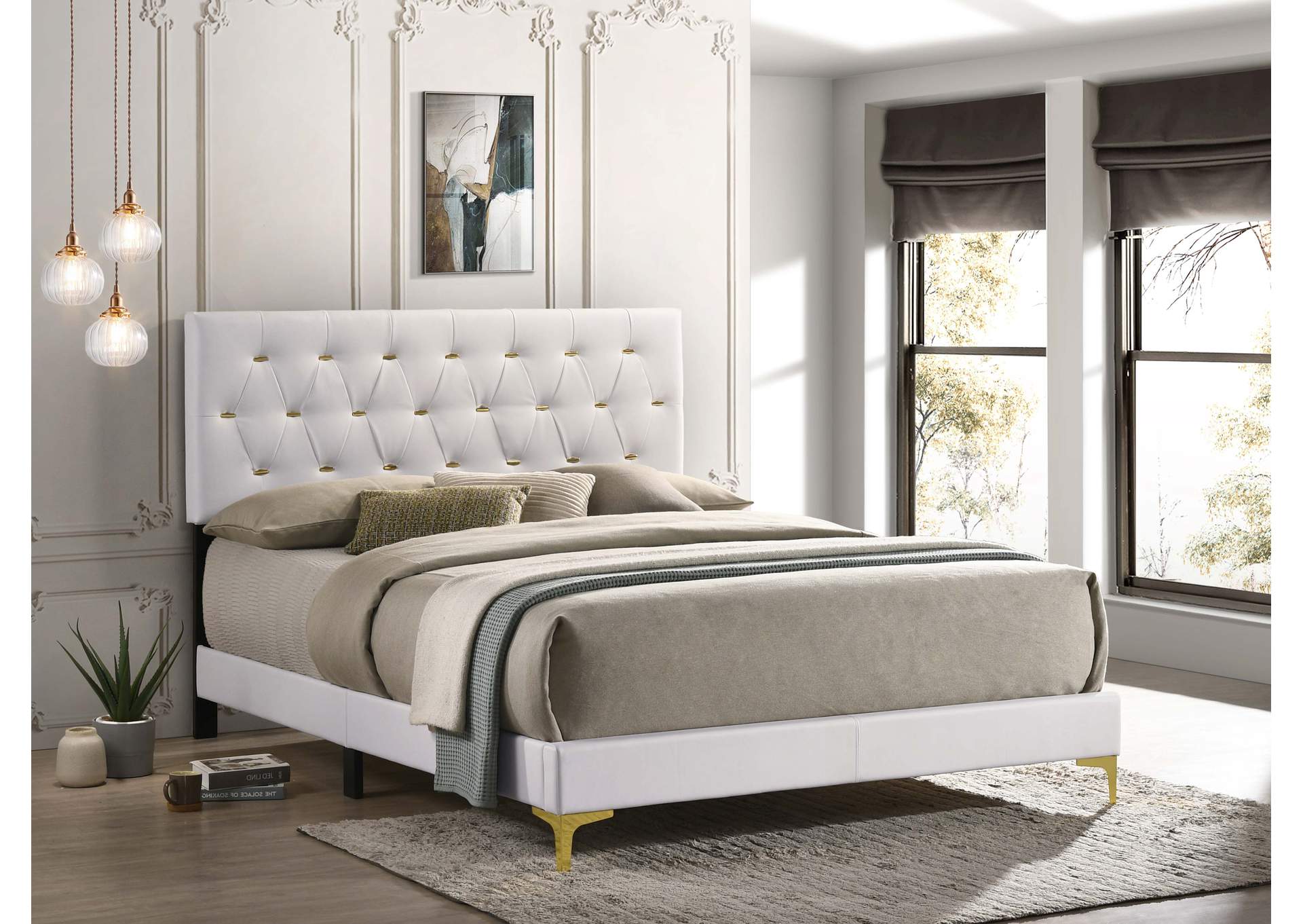 Kendall Tufted Upholstered Panel Eastern King Bed White,Coaster Furniture