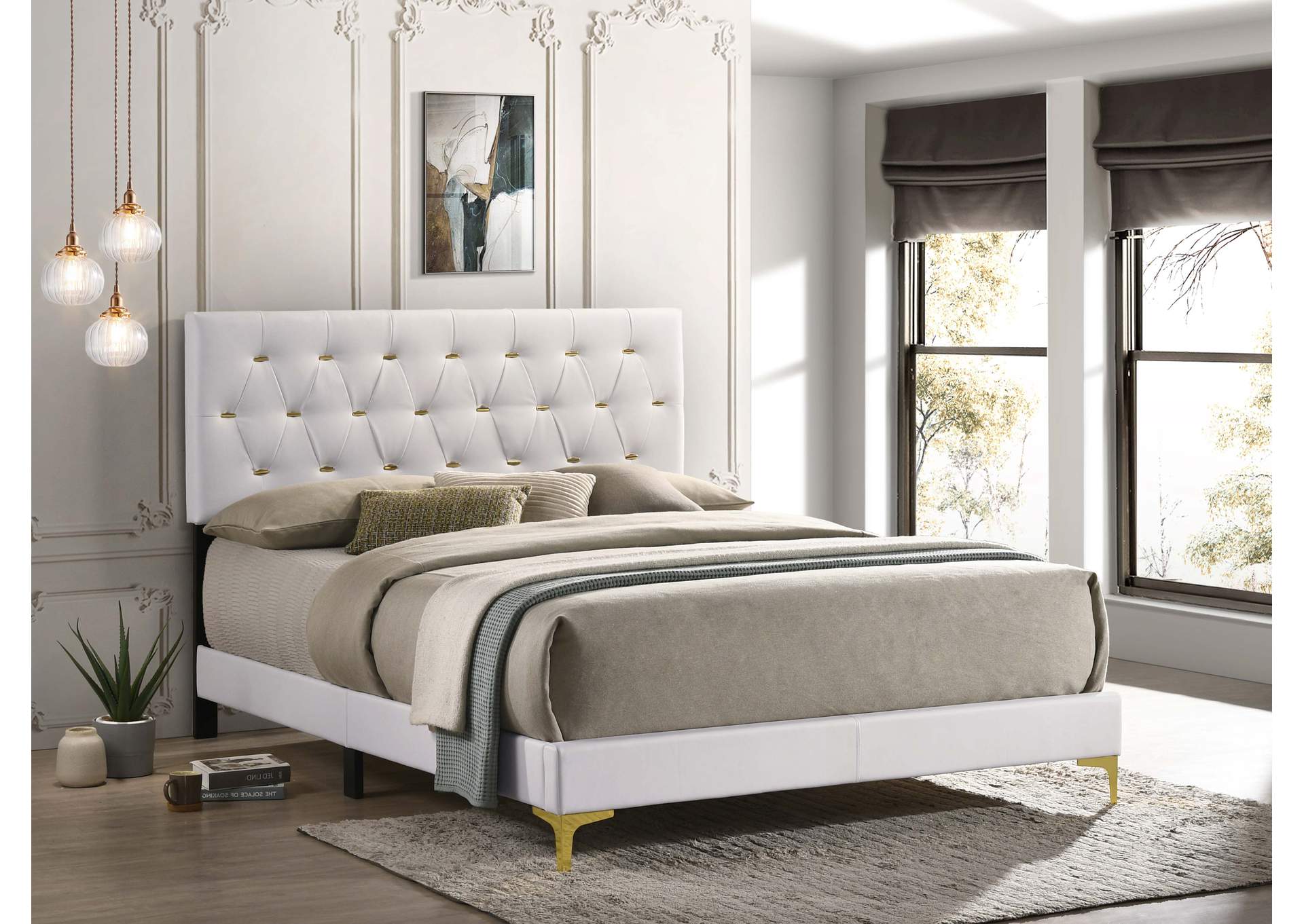 Kendall Tufted Upholstered Panel California King Bed White,Coaster Furniture