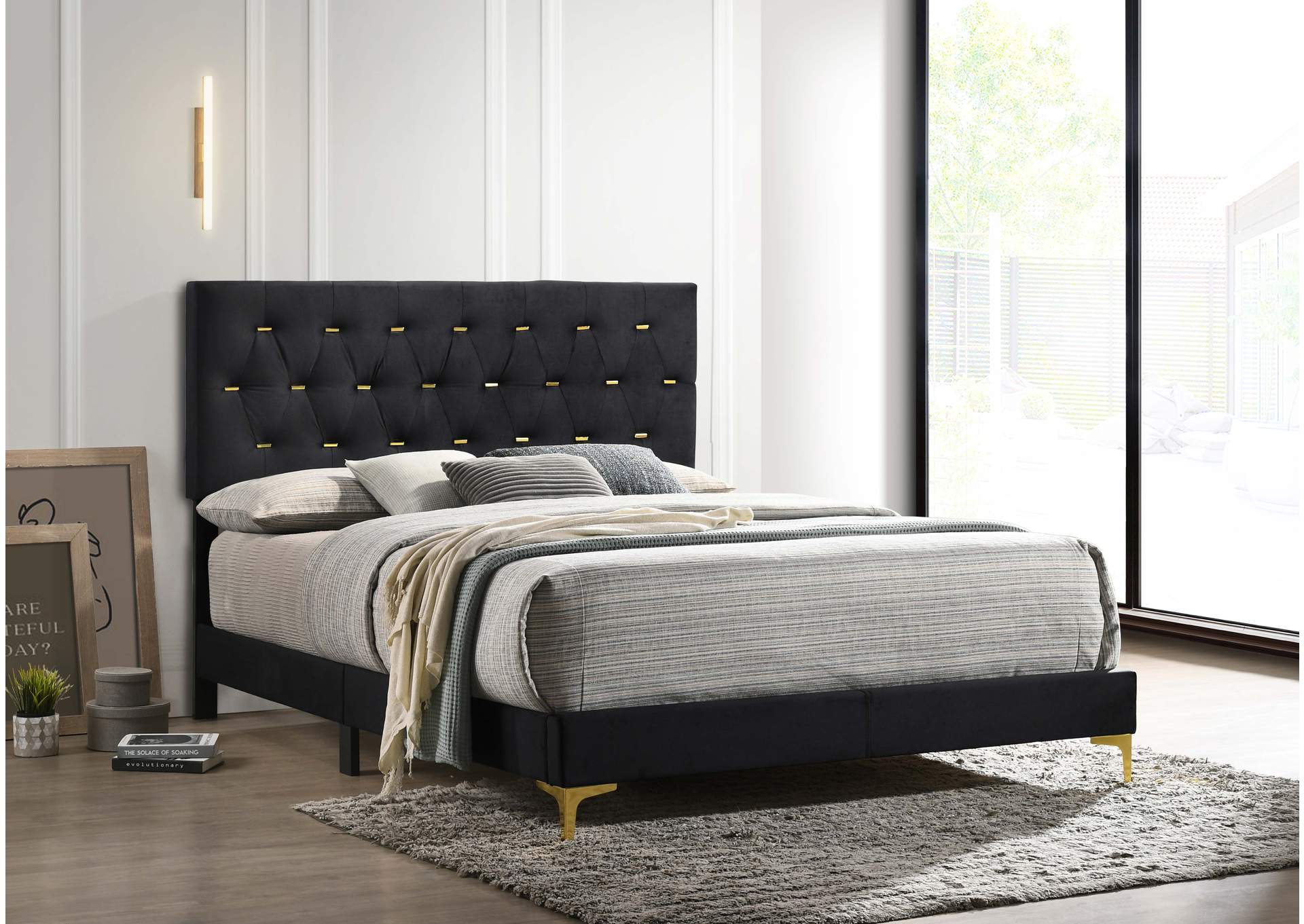 Kendall Tufted Panel Eastern King Bed Black and Gold,Coaster Furniture