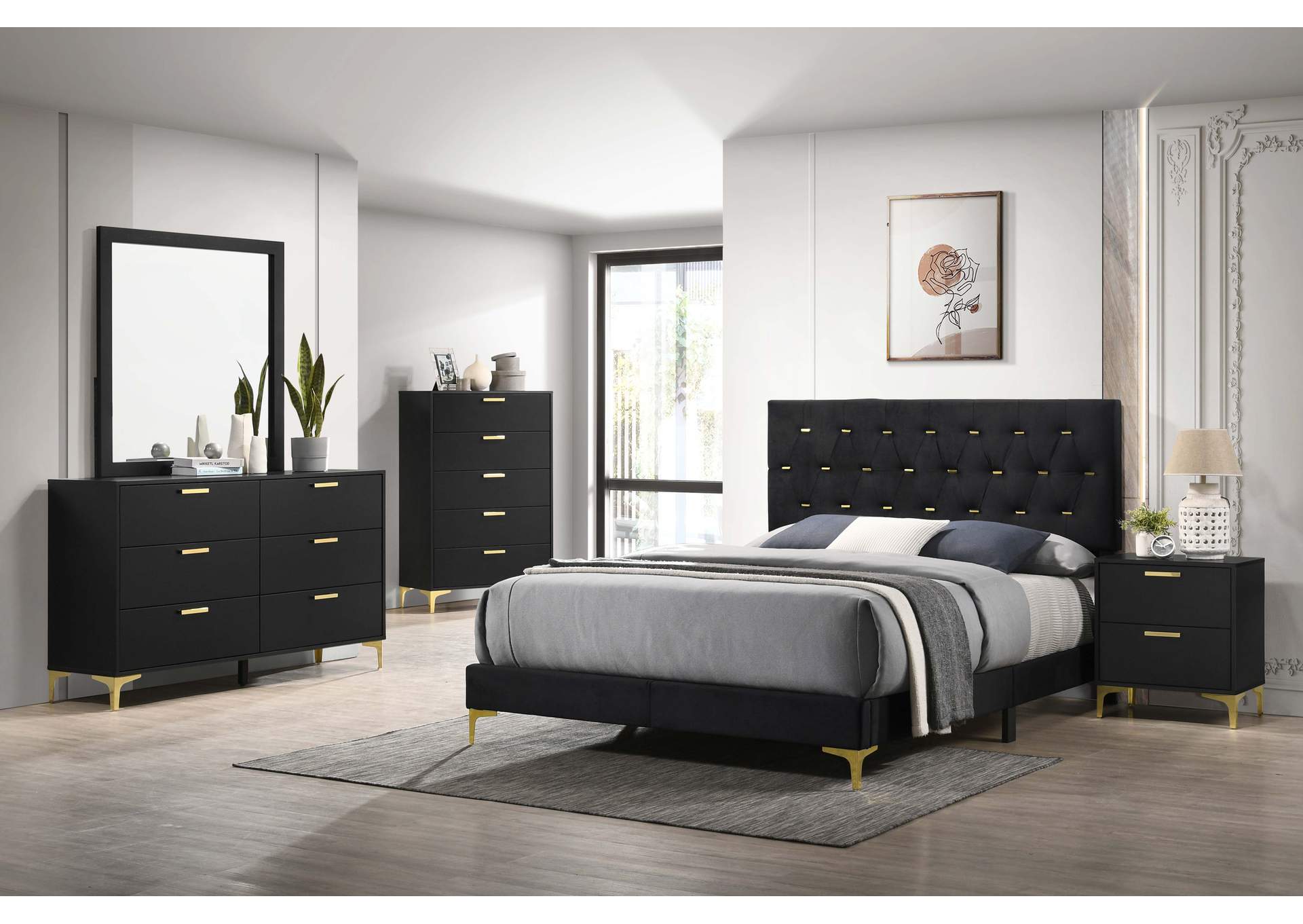 Kendall Tufted Panel Eastern King Bed Black and Gold,Coaster Furniture
