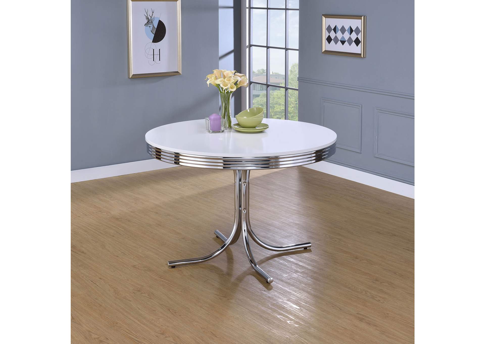 Retro Round Dining Table Glossy White and Chrome,Coaster Furniture