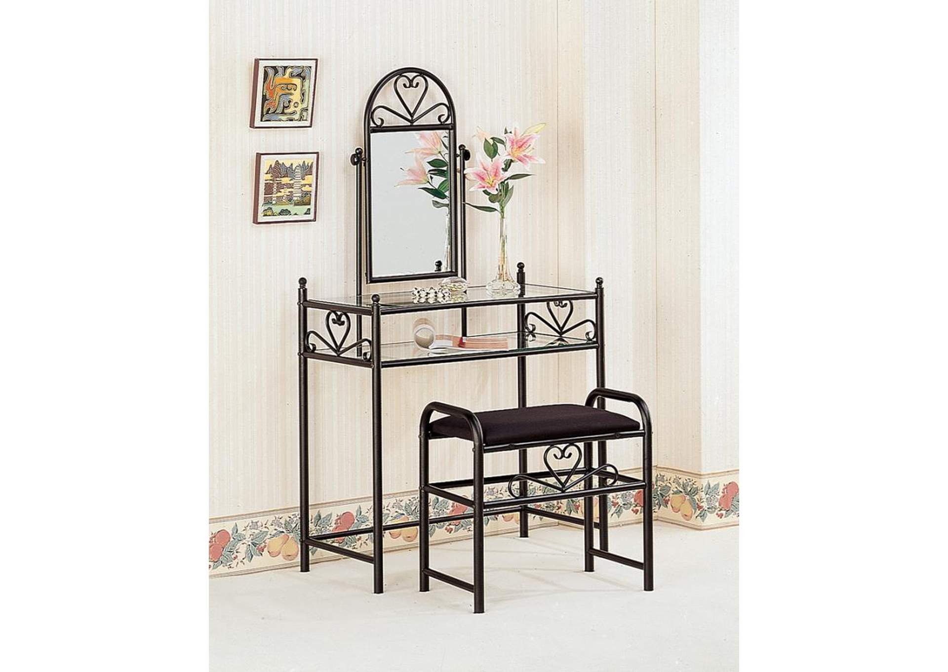 Agatha 2-Piece Metal Vanity Set With Glass Top Black,Coaster Furniture