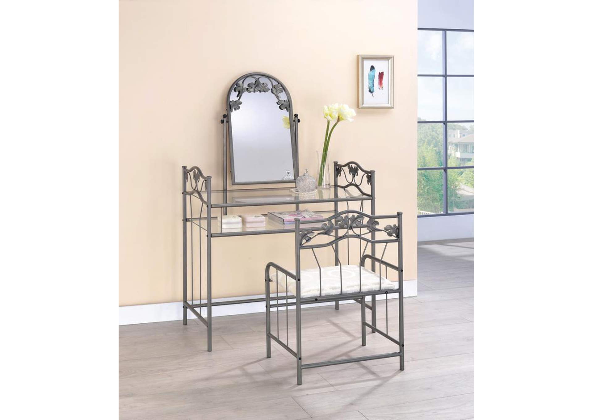 Purvis 2-Piece Metal Vanity Set With Glass Top Pewter And Ivory,Coaster Furniture
