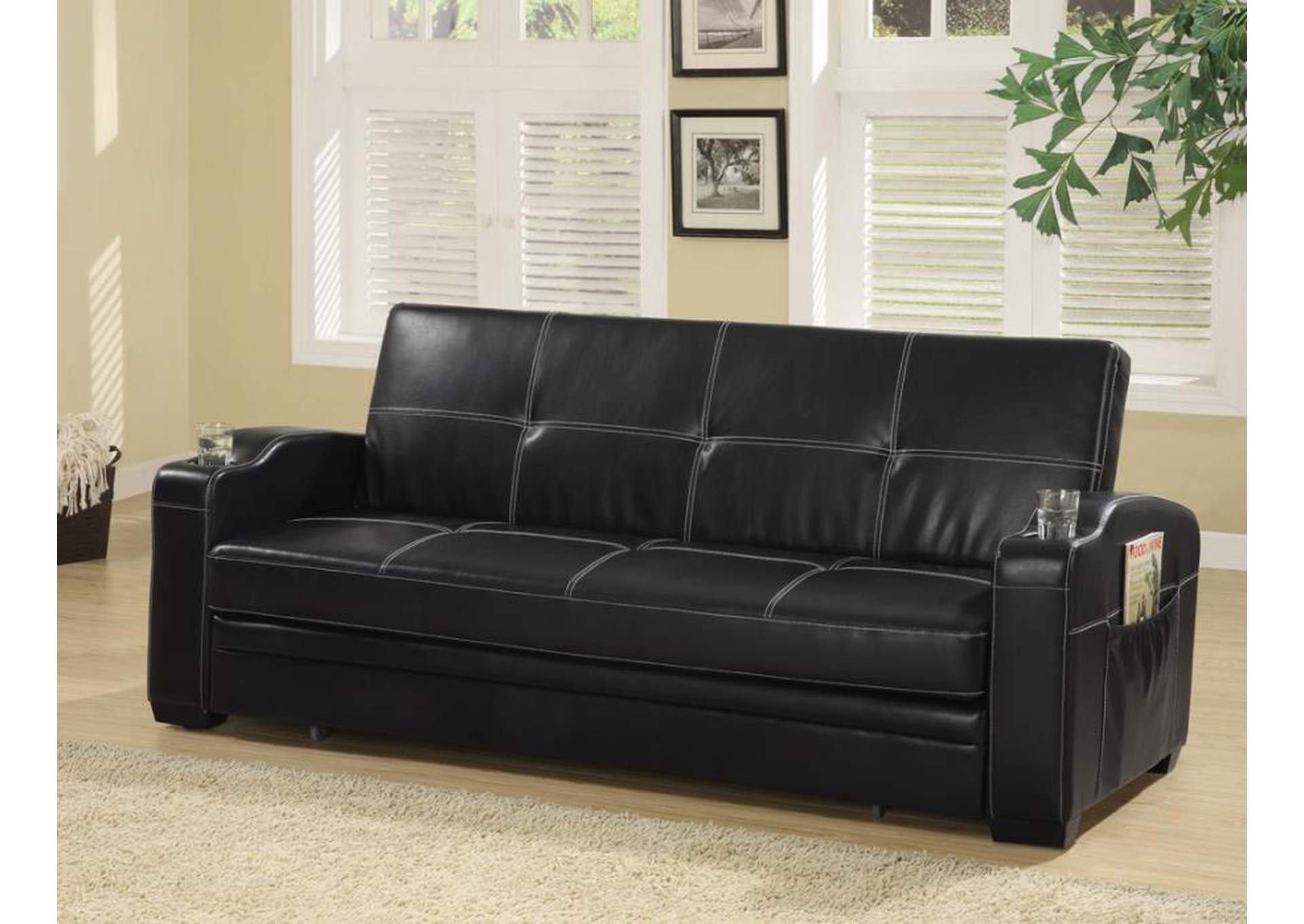 Avril Upholstered Sleeper Sofa Bed with Cup Holders Black,Coaster Furniture
