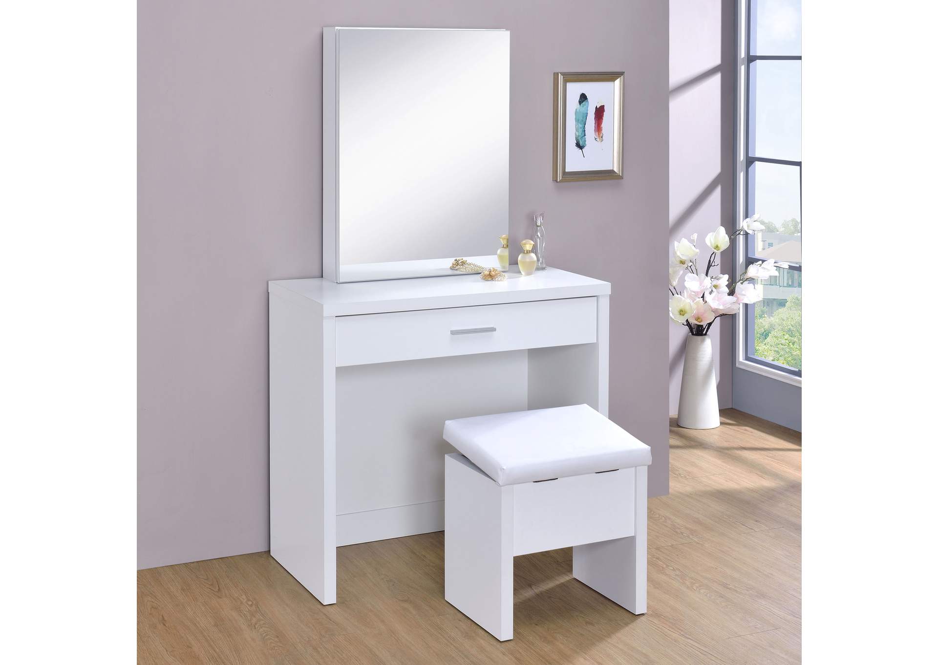 Harvey 2-piece Vanity Set with Lift-Top Stool White,Coaster Furniture