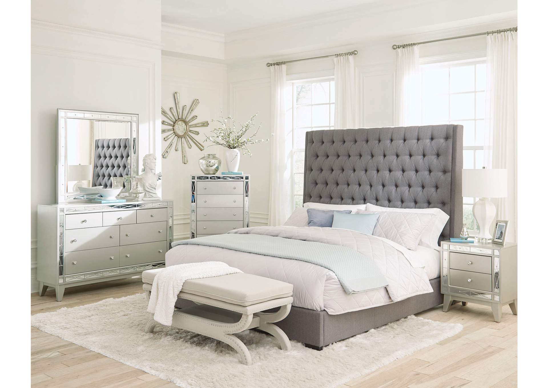 Camille Eastern King Button Tufted Bed Grey,Coaster Furniture