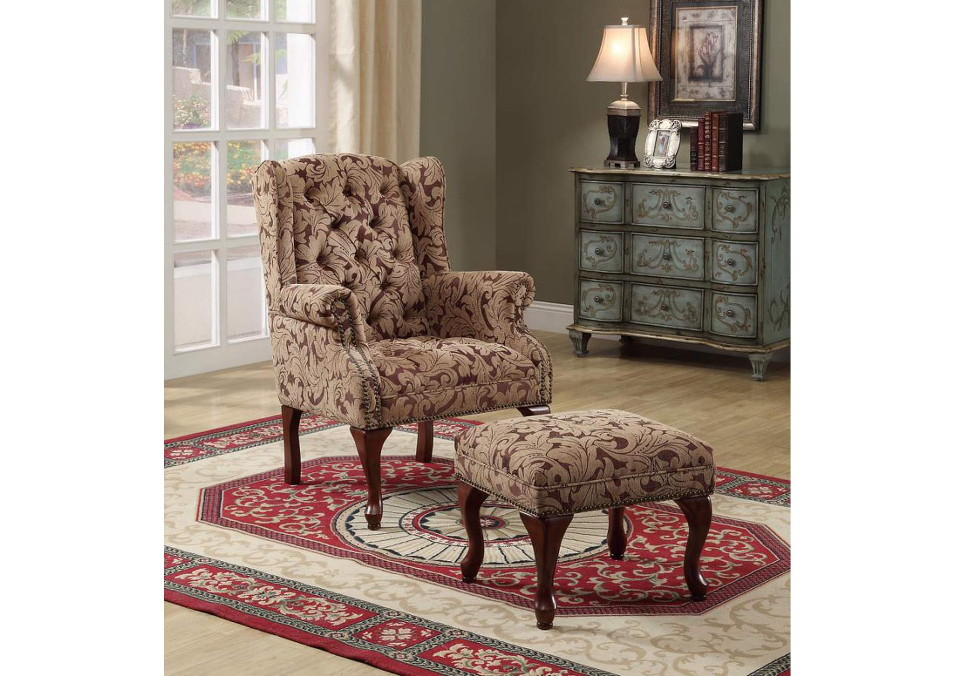 Tufted Back Accent Chair and Ottoman Light Brown and Burgundy,Coaster Furniture