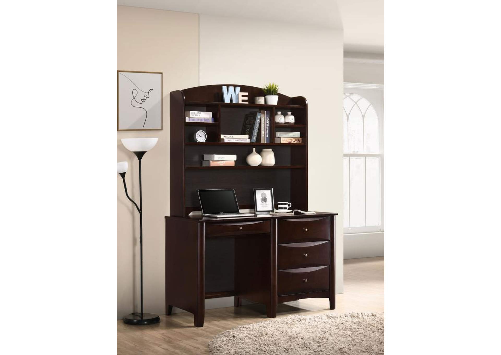 Phoenix 4 drawer Computer Desk with Hutch Cappuccino Furniture 4