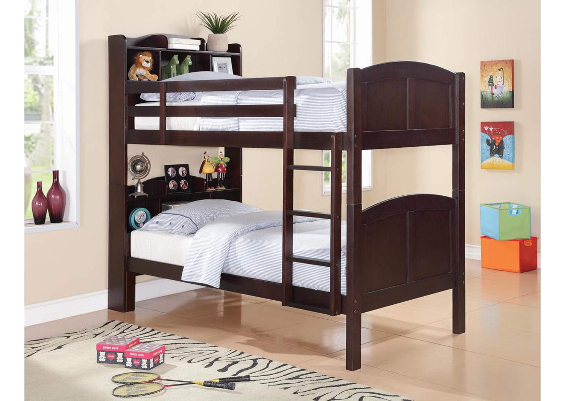 Parker Cappuccino Twin-over-Twin Bunk Bed W/ Bookcase Storage Headboard,Coaster Furniture