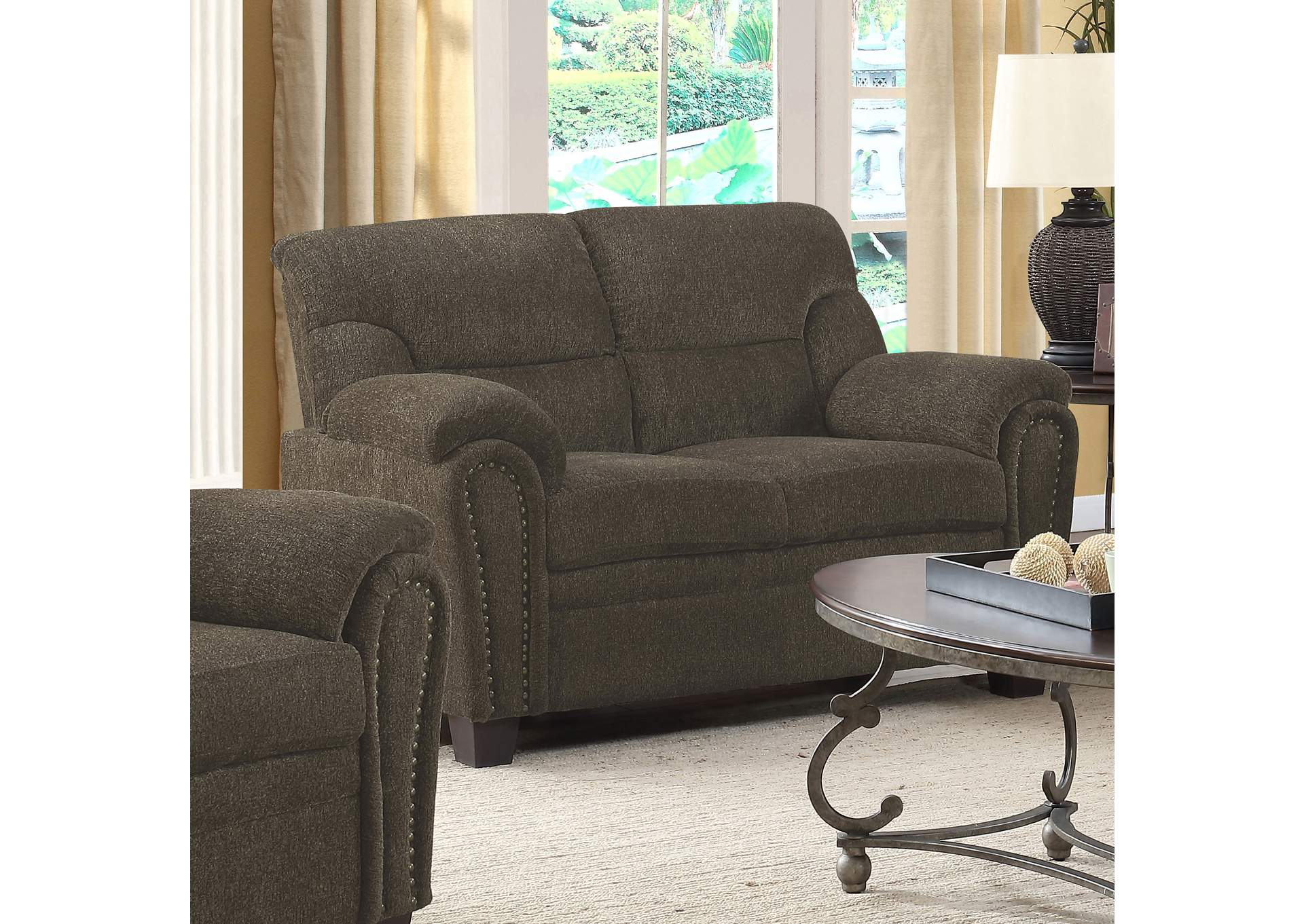 Clementine Upholstered Loveseat with Nailhead Trim Brown,Coaster Furniture