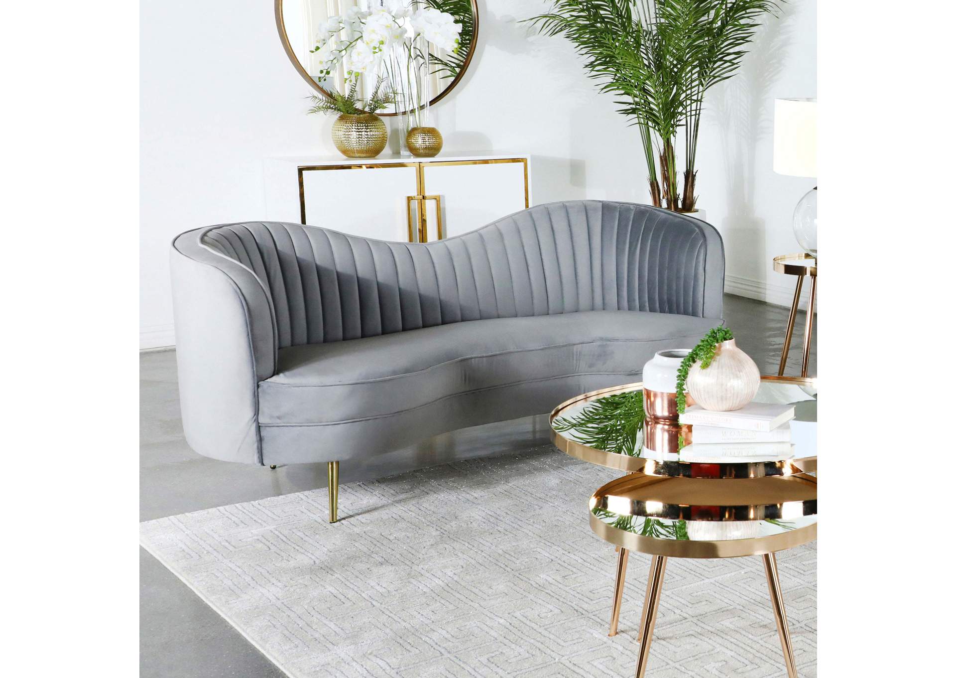 Sophia Upholstered Loveseat with Camel Back Grey and Gold,Coaster Furniture