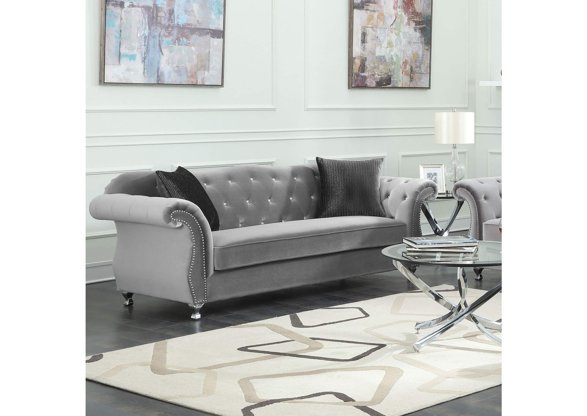 Frostine Button Tufted Sofa Silver,Coaster Furniture