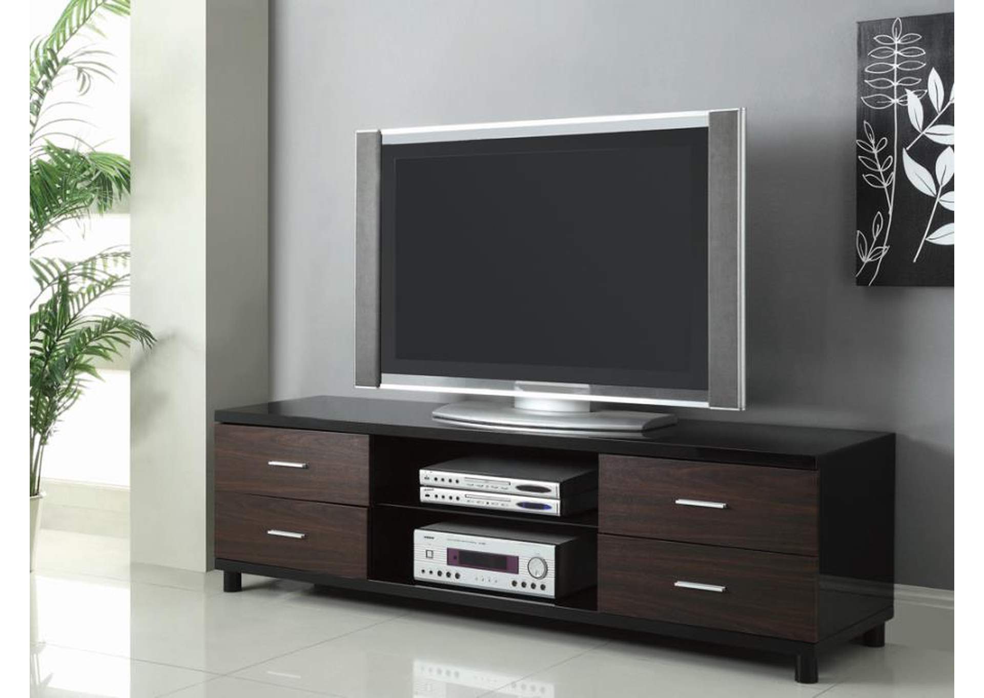 Caleb 4-Drawer Tv Console Glossy Black And Walnut,Coaster Furniture