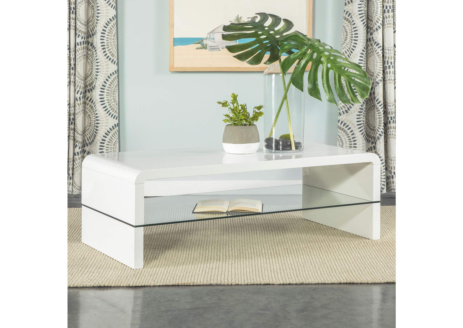 Airell Rectangular Coffee Table with Glass Shelf White High Gloss,Coaster Furniture