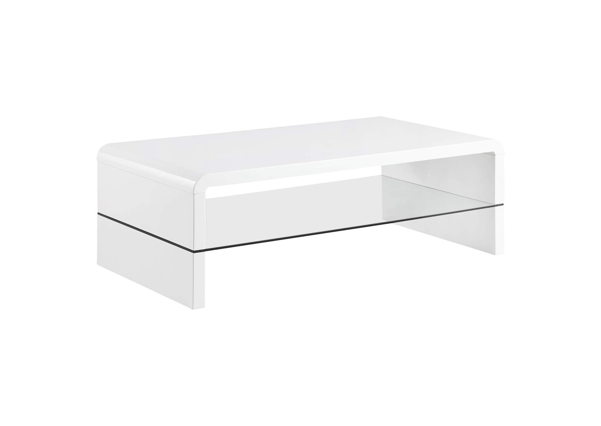 Airell Rectangular Coffee Table with Glass Shelf White High Gloss,Coaster Furniture