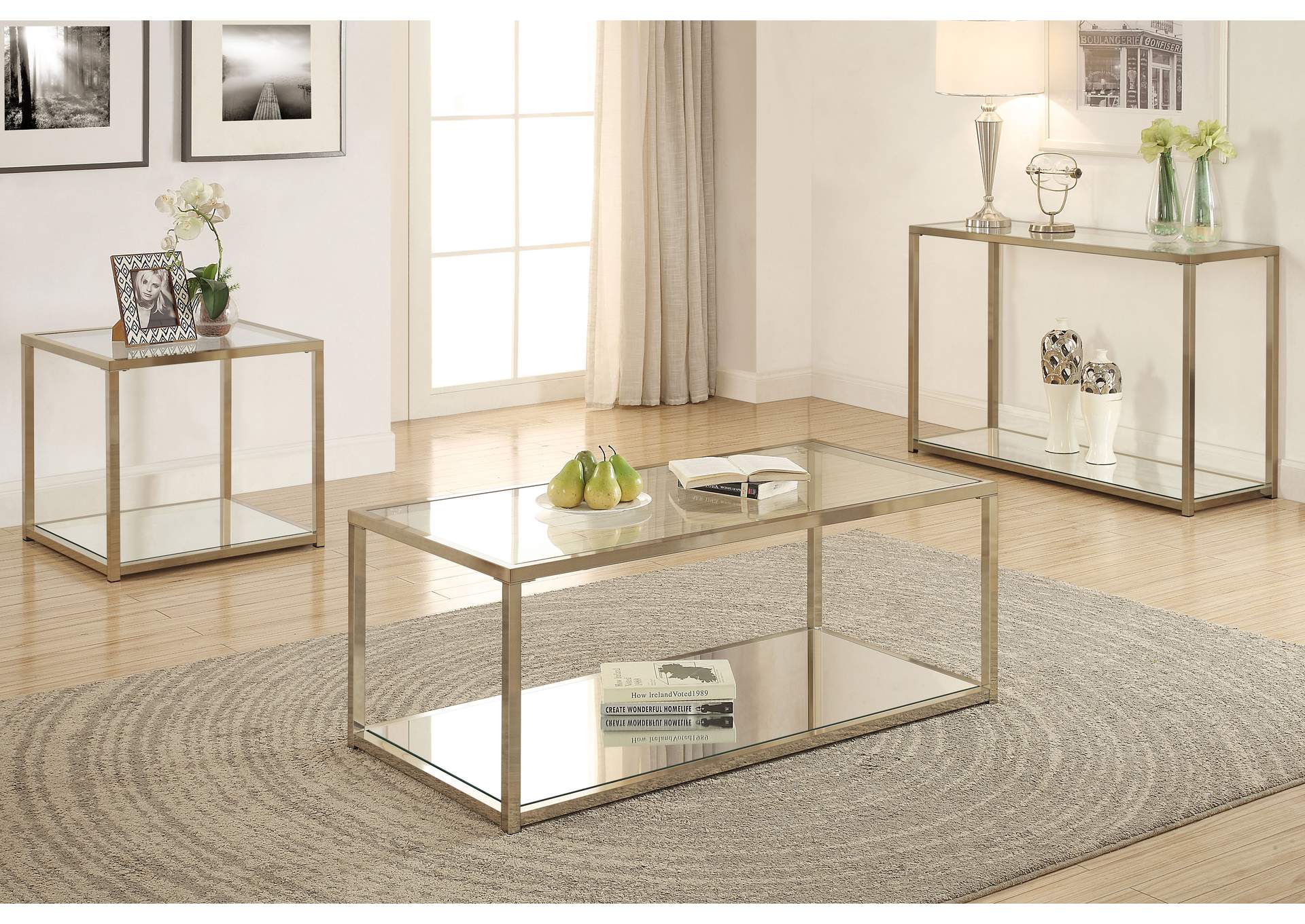 Cora Coffee Table with Mirror Shelf Chocolate Chrome,Coaster Furniture