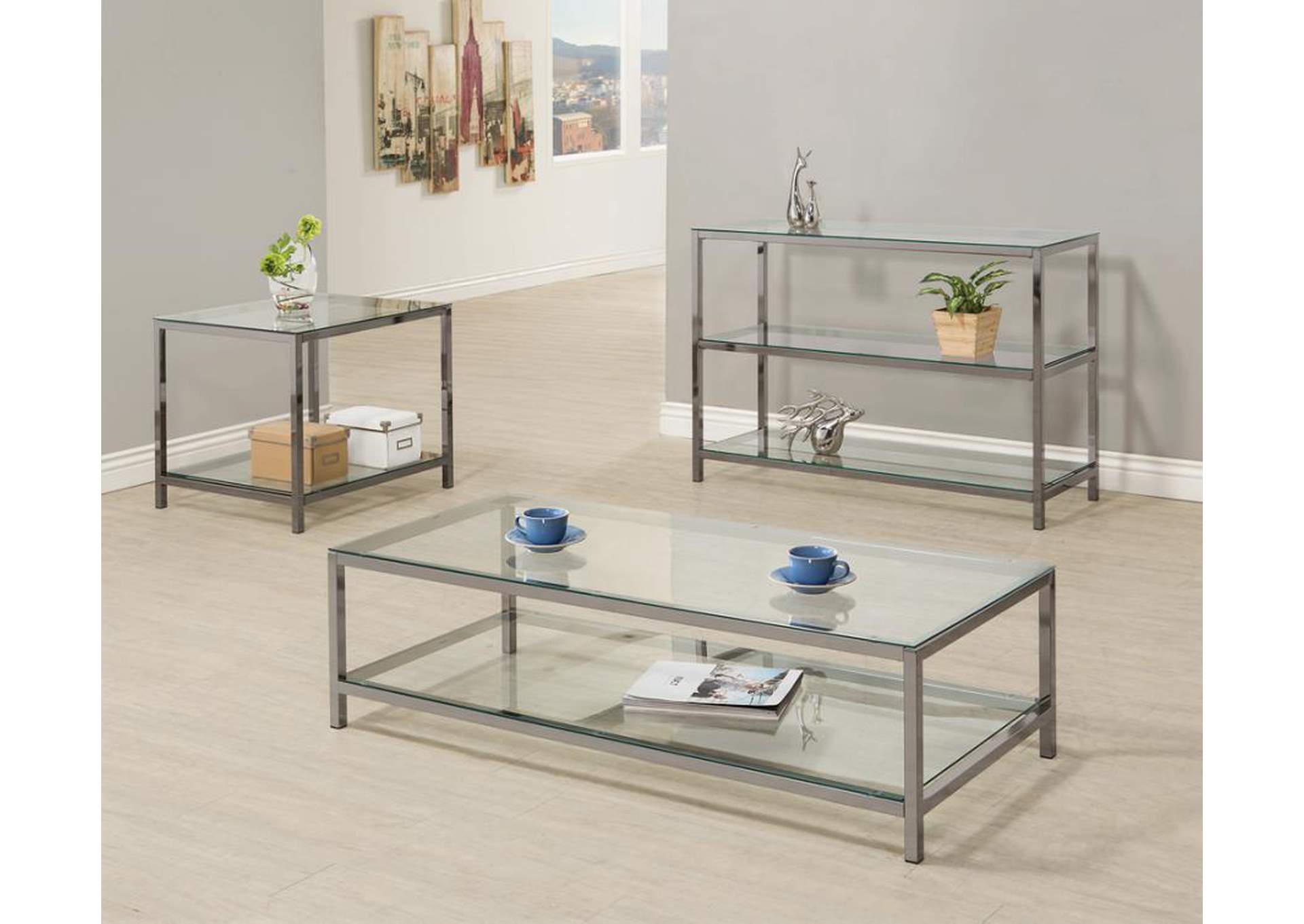 Trini Coffee Table with Glass Shelf Black Nickel,Coaster Furniture